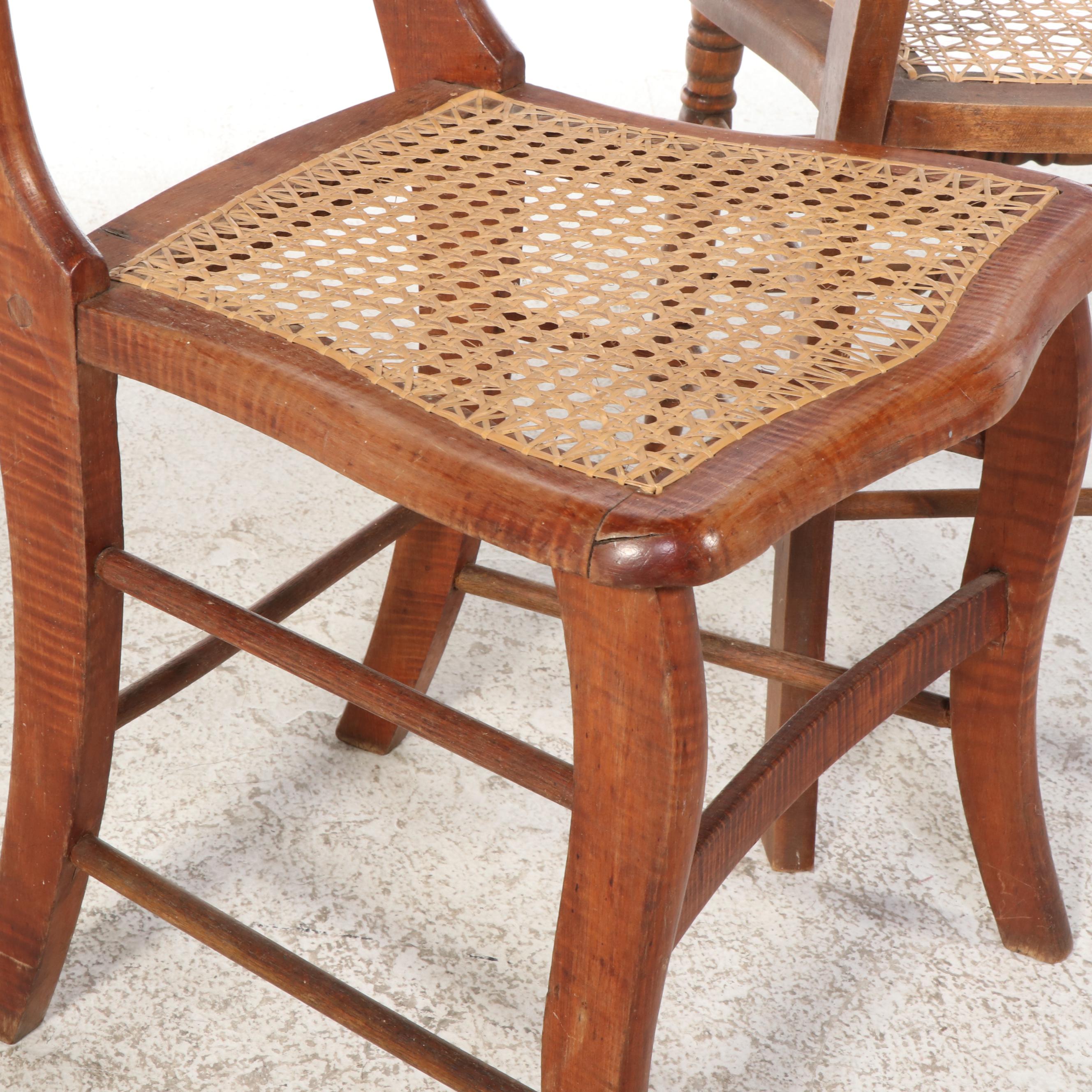 Victorian Tiger Maple and Other Ladder Back Cane Bottom Chairs, Antique