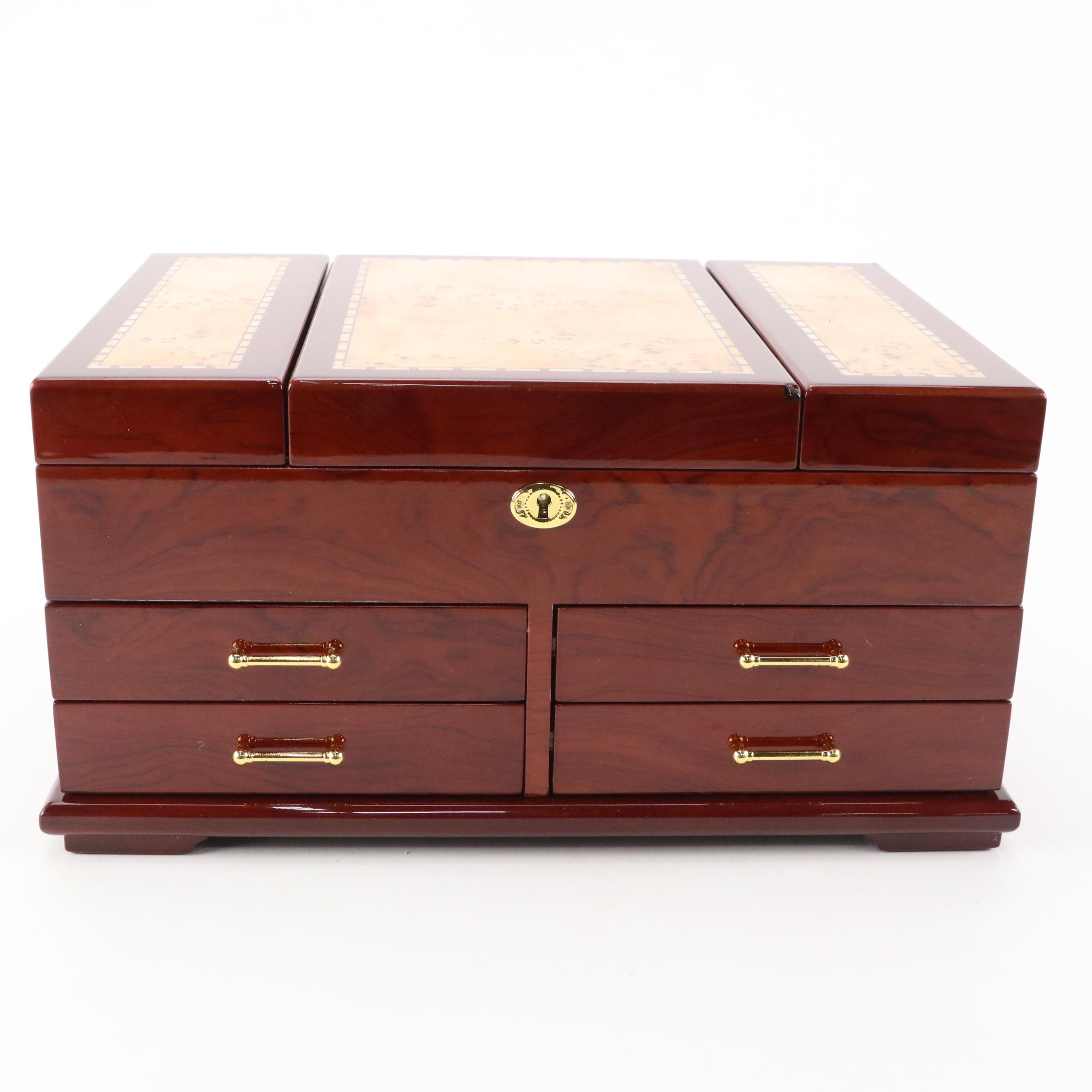 Contemporary High Gloss Burlwood Inlaid Wooden Jewelry Box