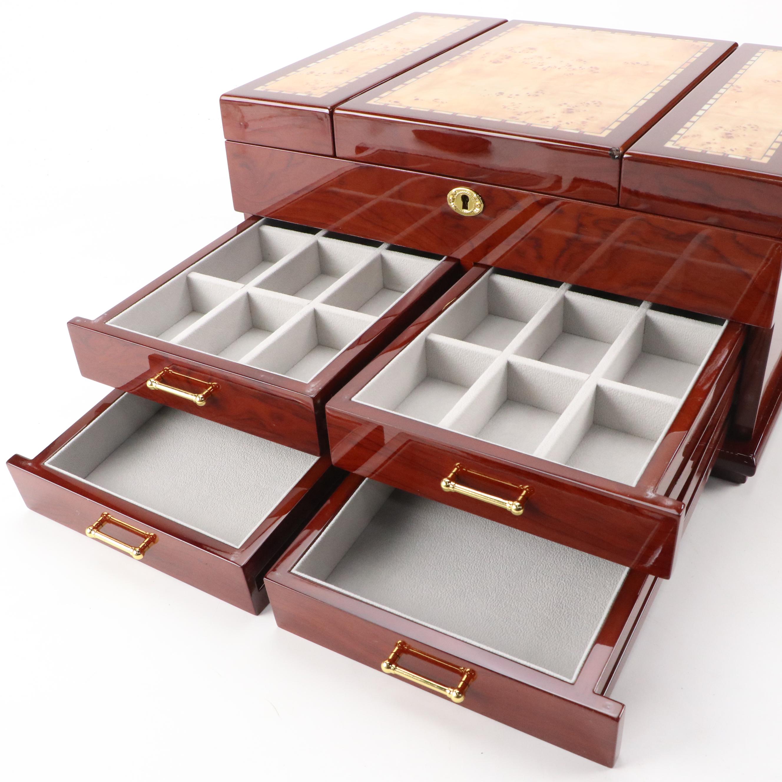 Contemporary High Gloss Burlwood Inlaid Wooden Jewelry Box