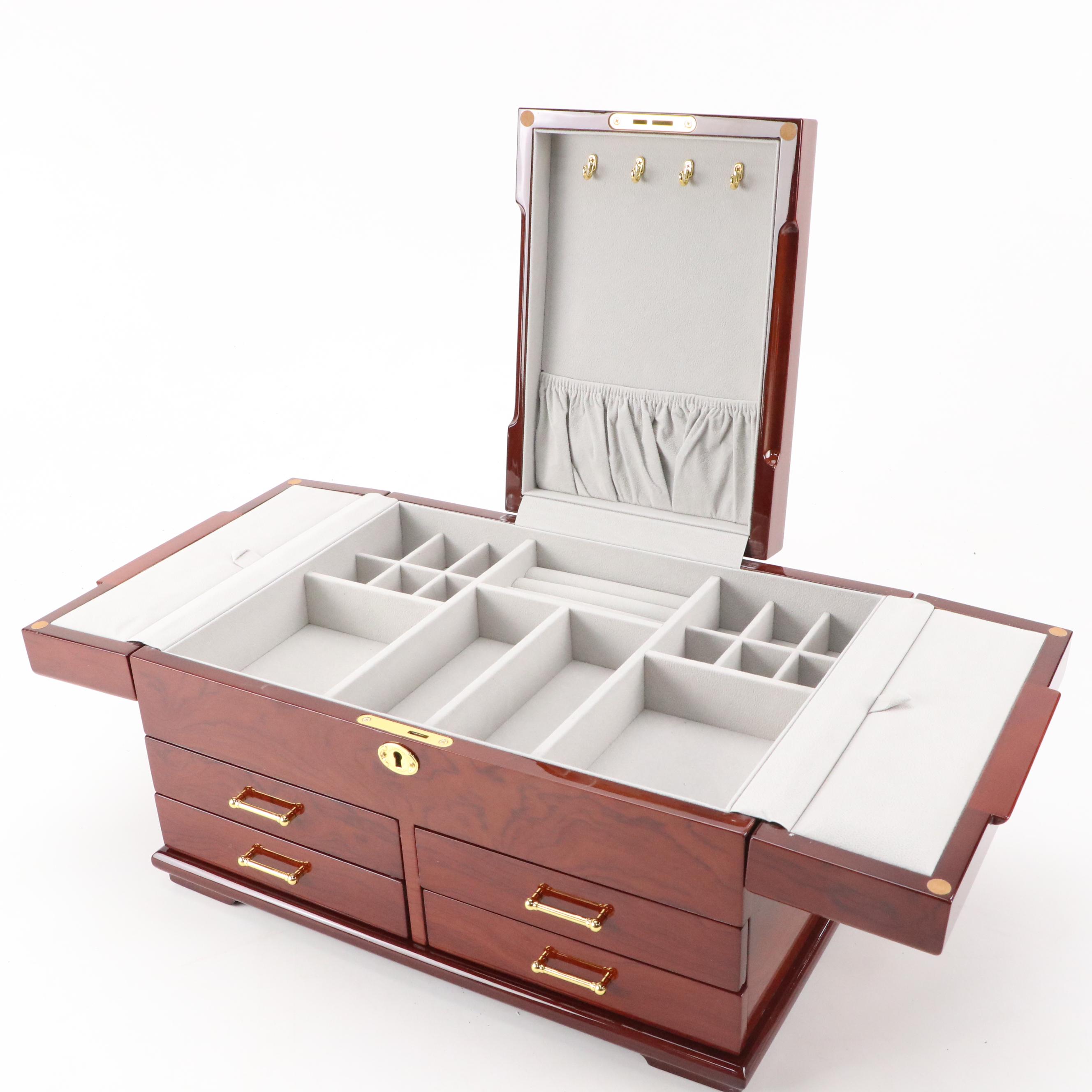 Contemporary High Gloss Burlwood Inlaid Wooden Jewelry Box
