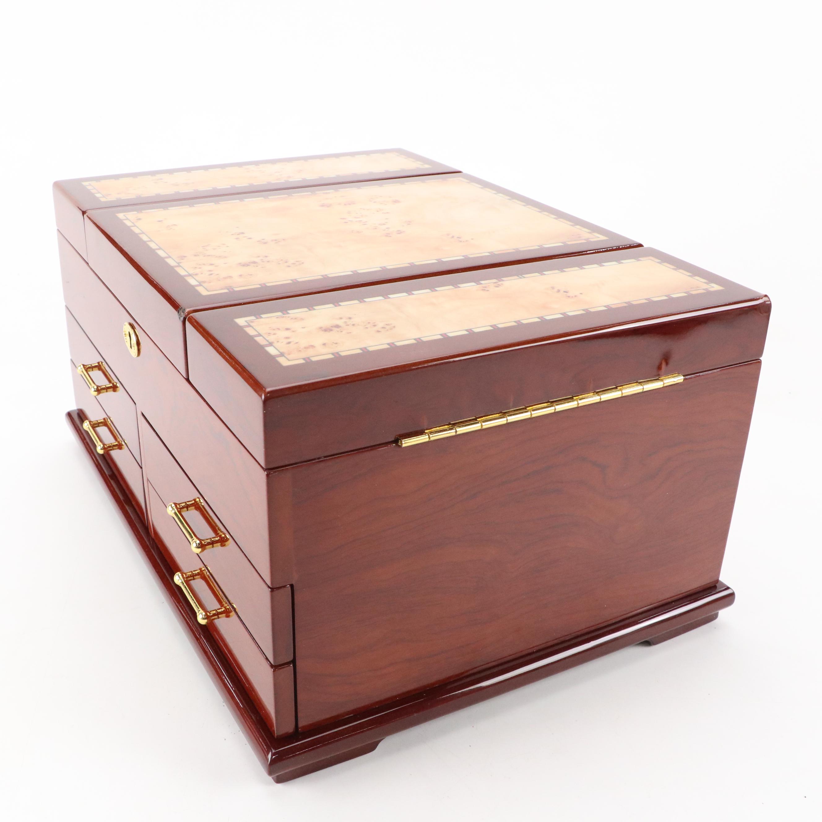 Contemporary High Gloss Burlwood Inlaid Wooden Jewelry Box