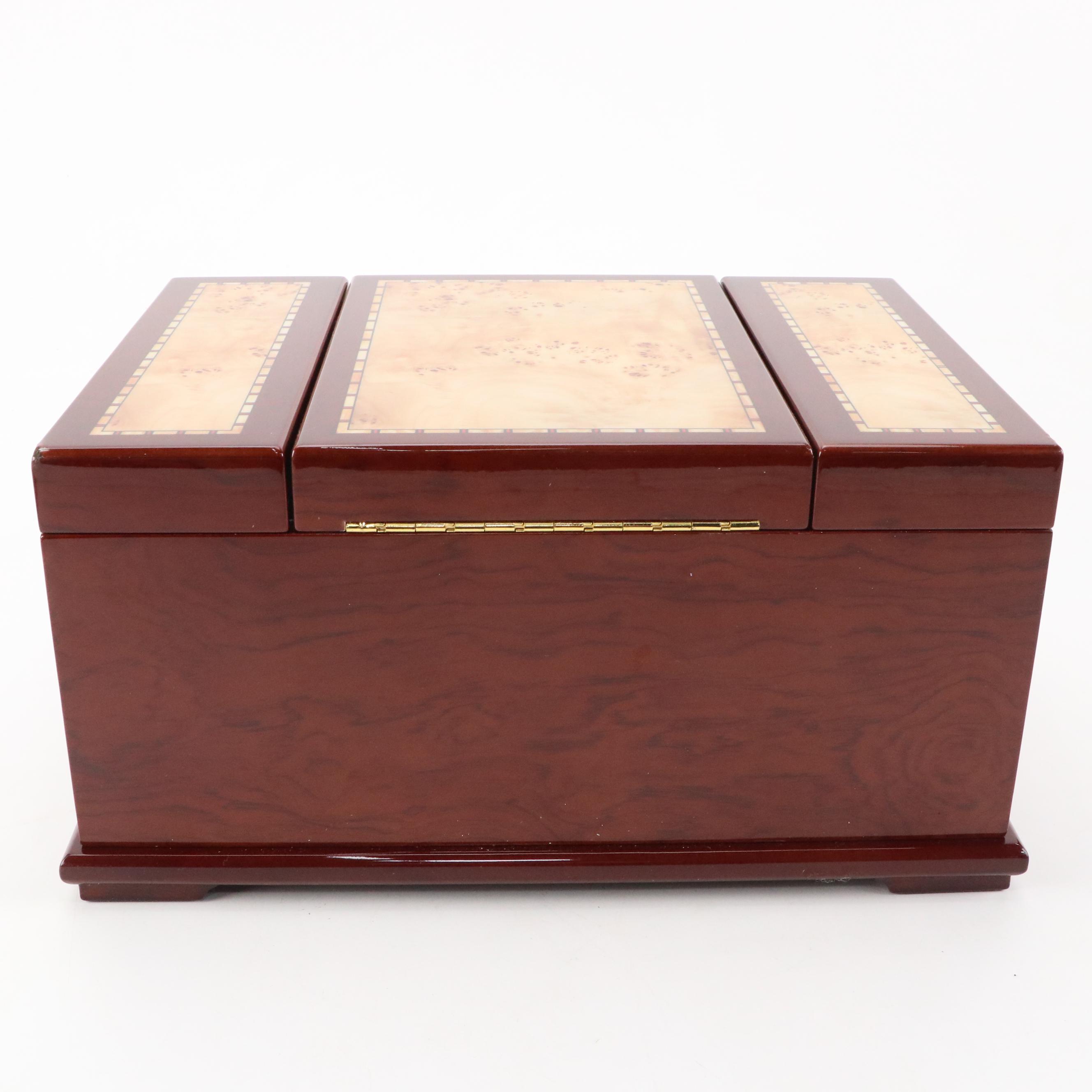Contemporary High Gloss Burlwood Inlaid Wooden Jewelry Box