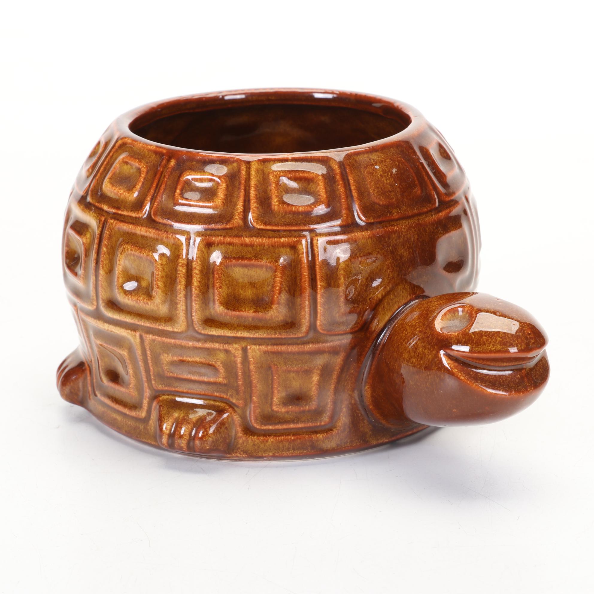 McCoy Ceramic Smiling Turtle Planter With Brown Drip Glaze Finish