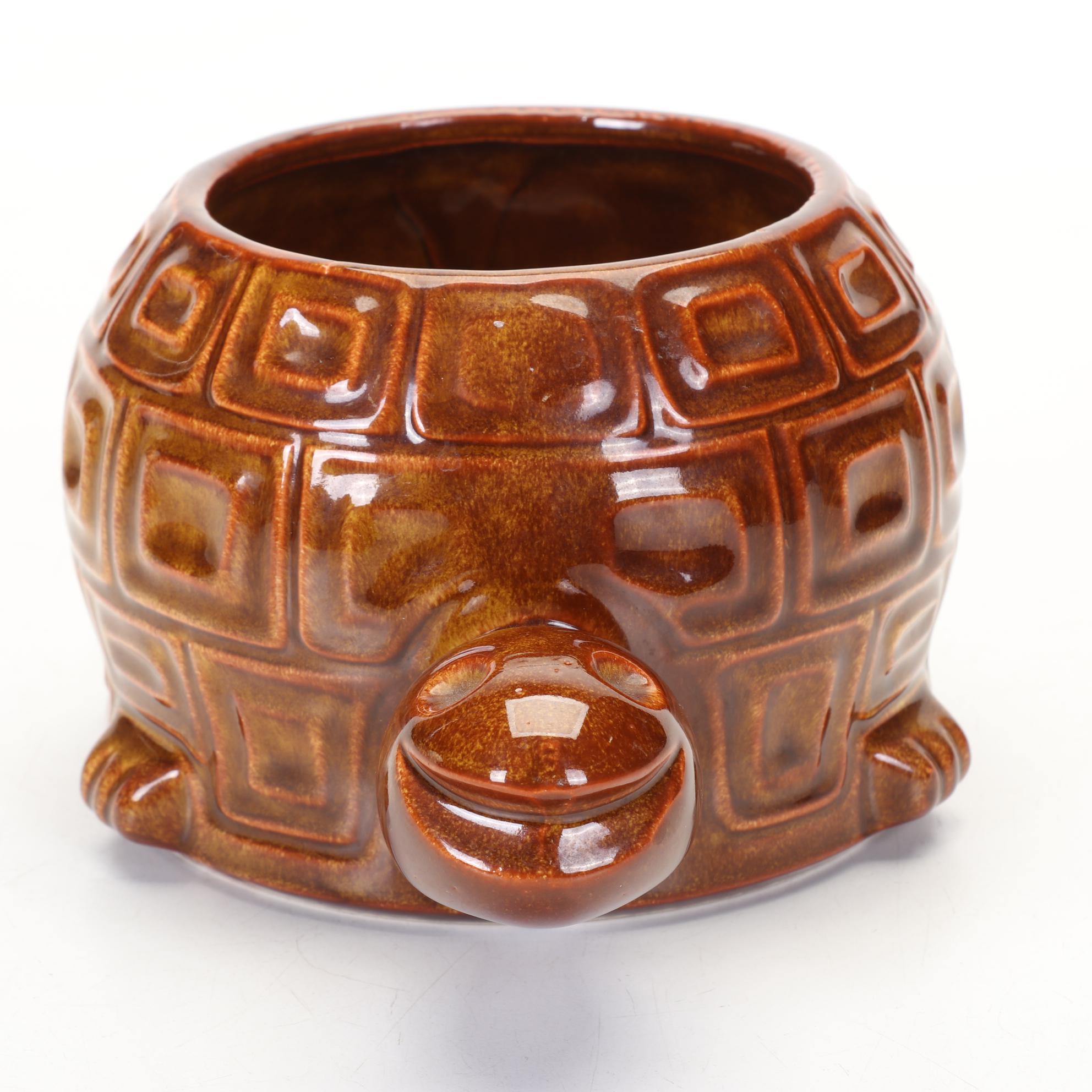 McCoy Ceramic Smiling Turtle Planter With Brown Drip Glaze Finish