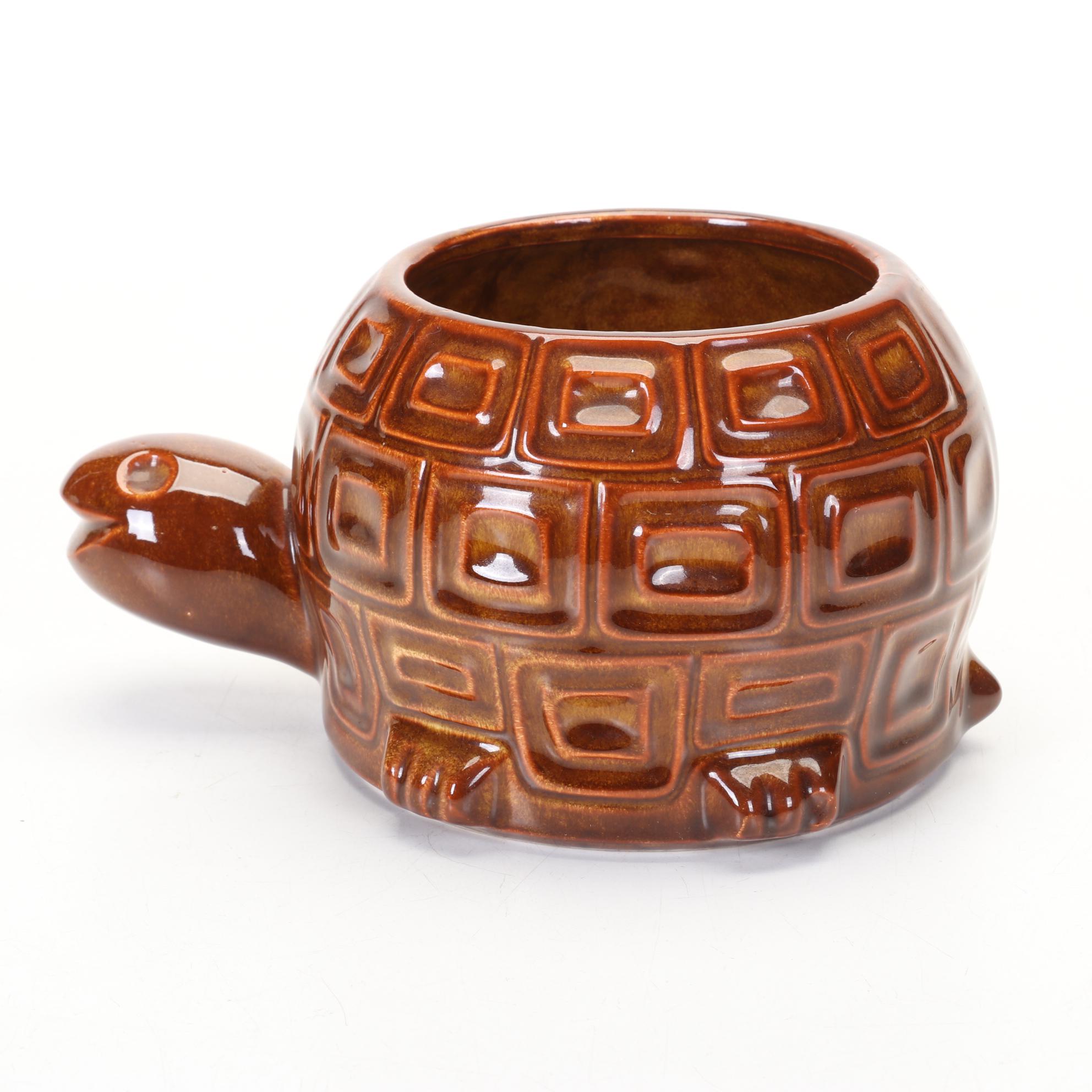 McCoy Ceramic Smiling Turtle Planter With Brown Drip Glaze Finish