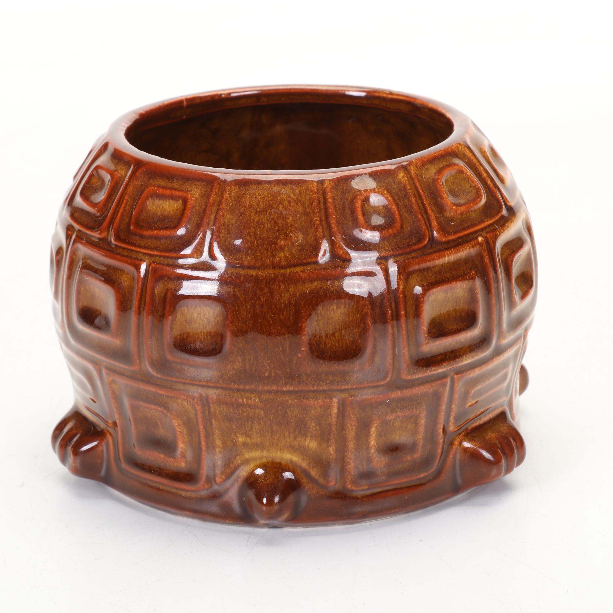 McCoy Ceramic Smiling Turtle Planter With Brown Drip Glaze Finish