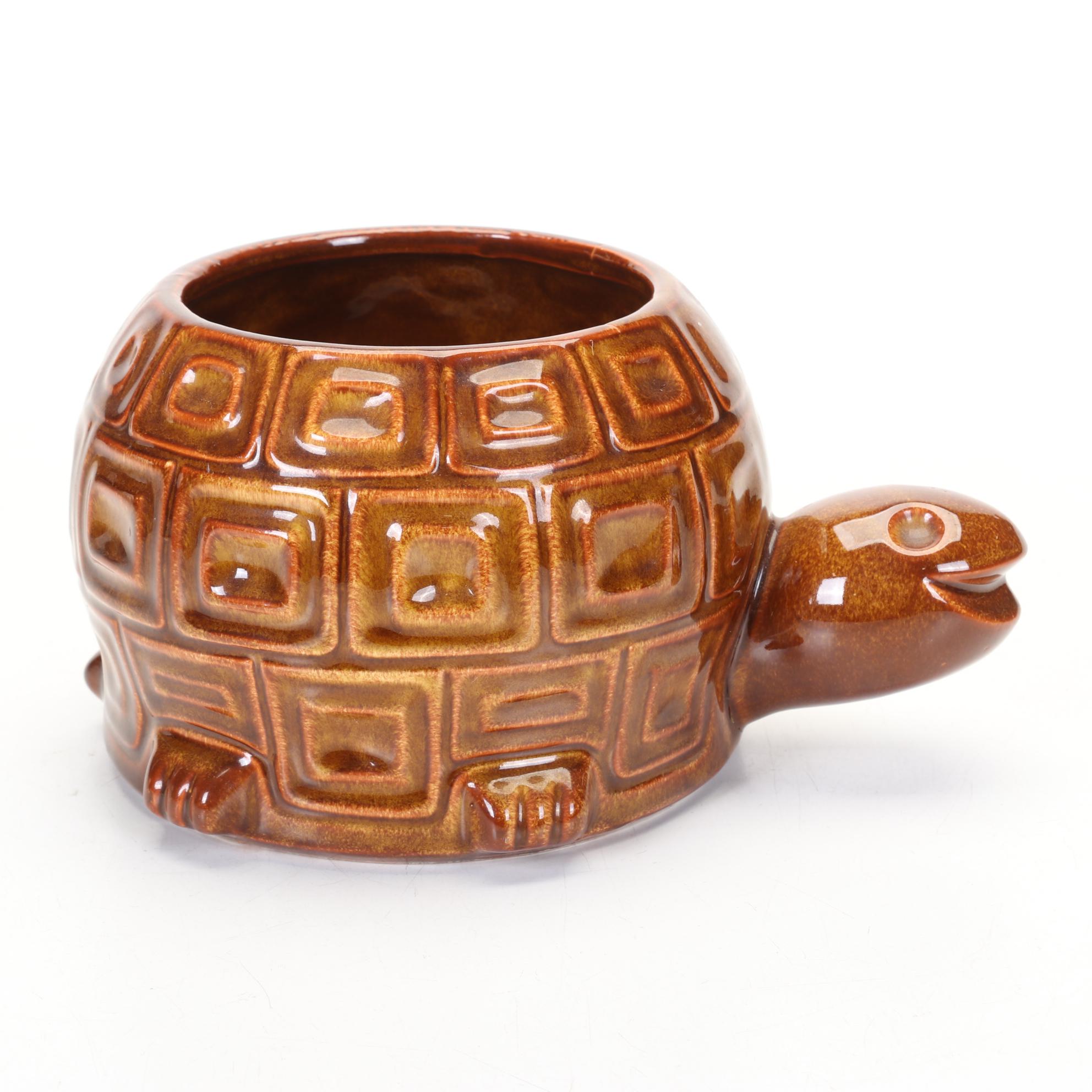 McCoy Ceramic Smiling Turtle Planter With Brown Drip Glaze Finish