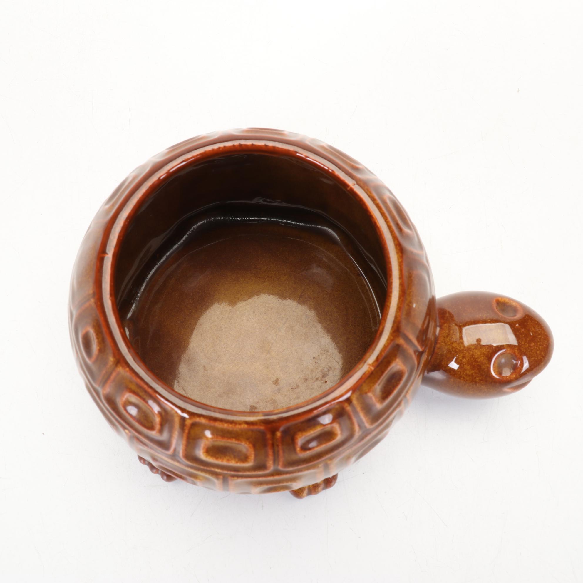 McCoy Ceramic Smiling Turtle Planter With Brown Drip Glaze Finish