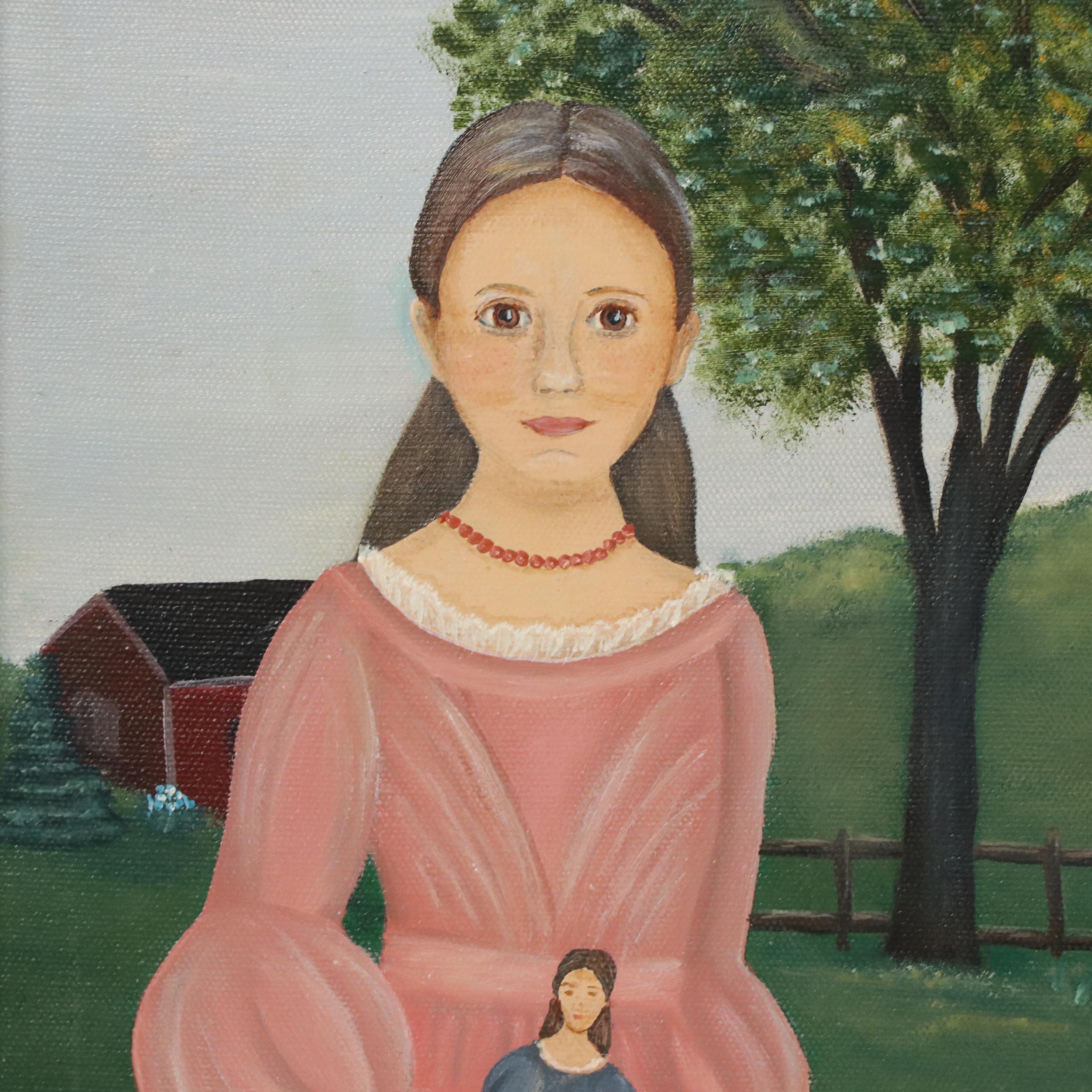 American Folk Art Style Oil Painting of Family Portrait in Landscape, 1990