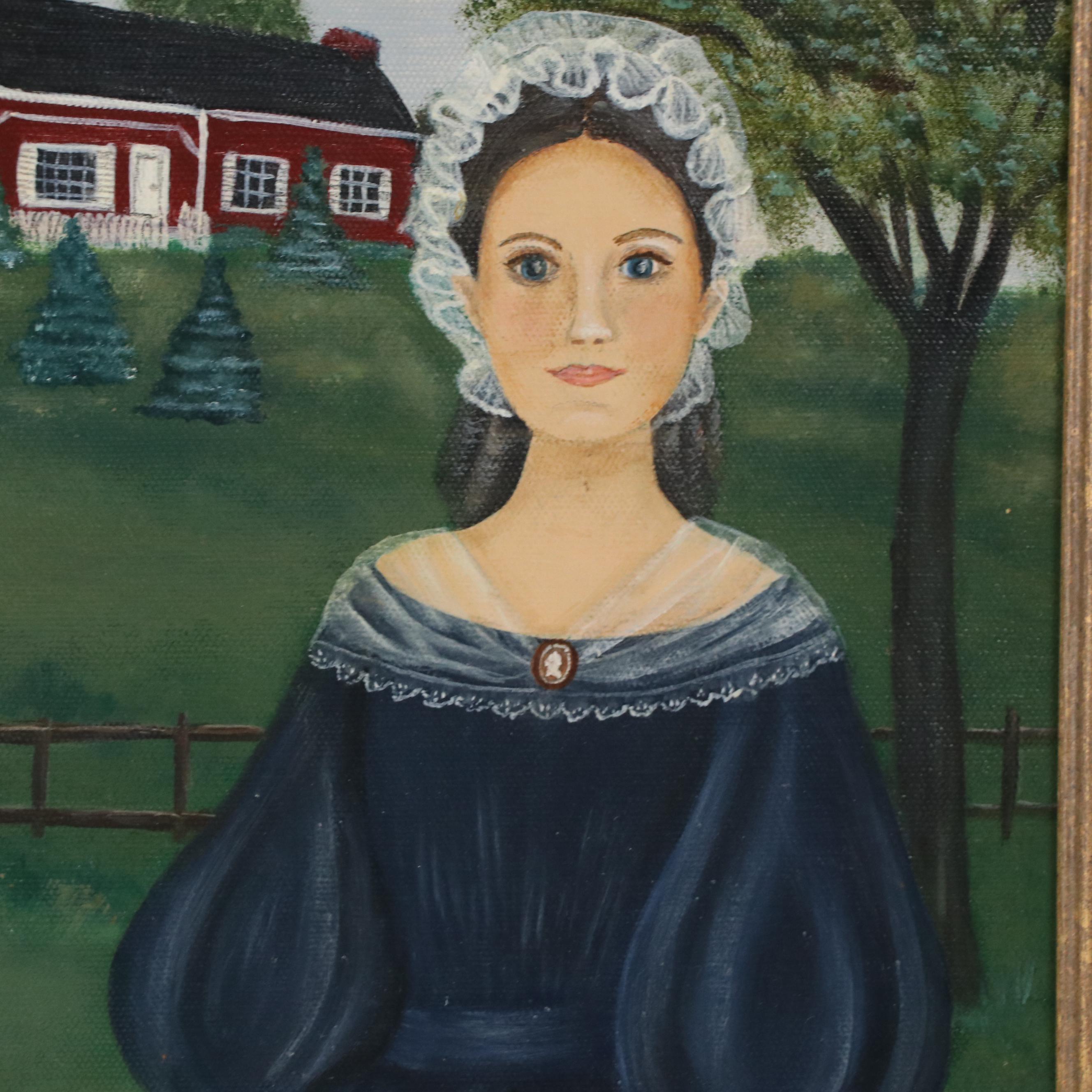 American Folk Art Style Oil Painting of Family Portrait in Landscape, 1990