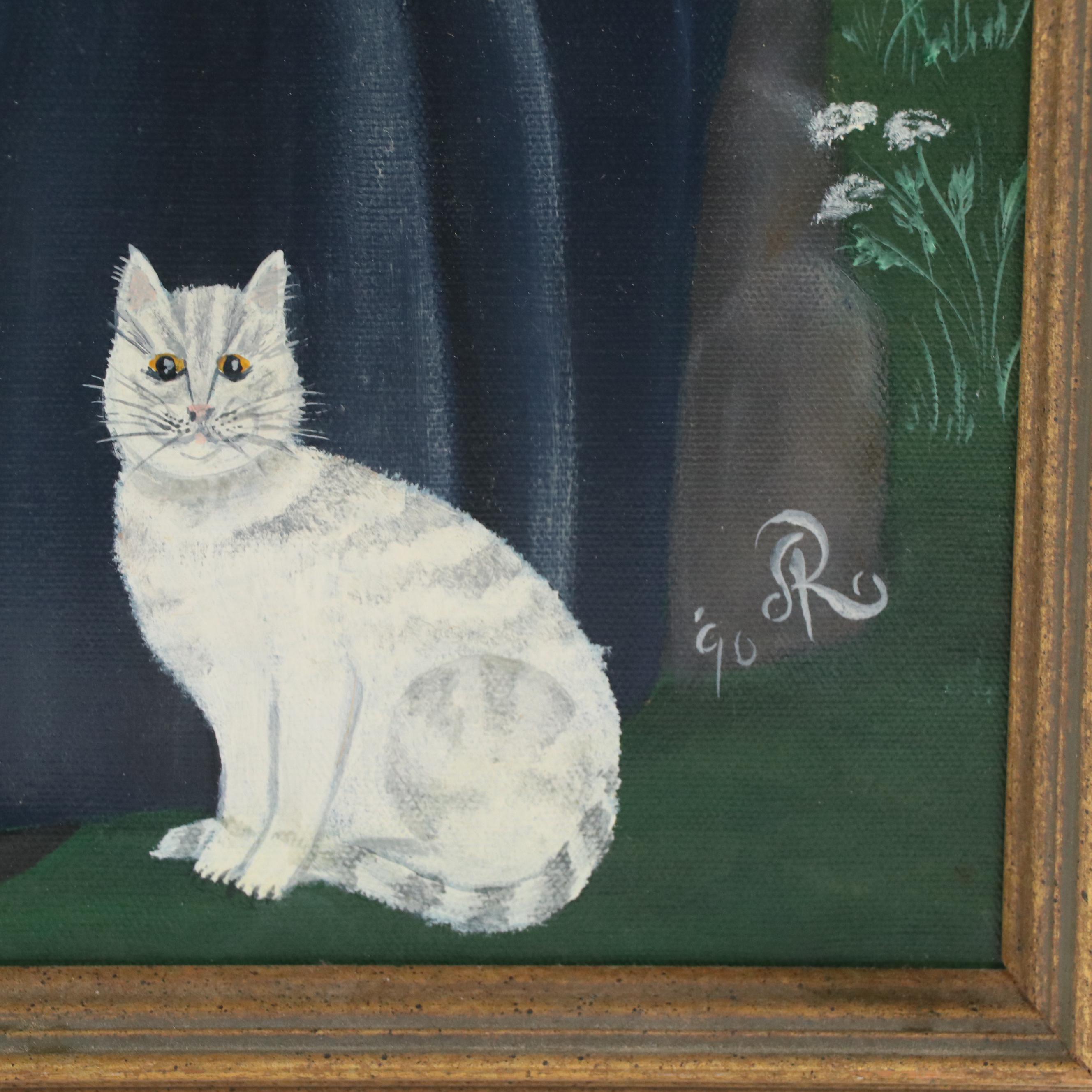 American Folk Art Style Oil Painting of Family Portrait in Landscape, 1990