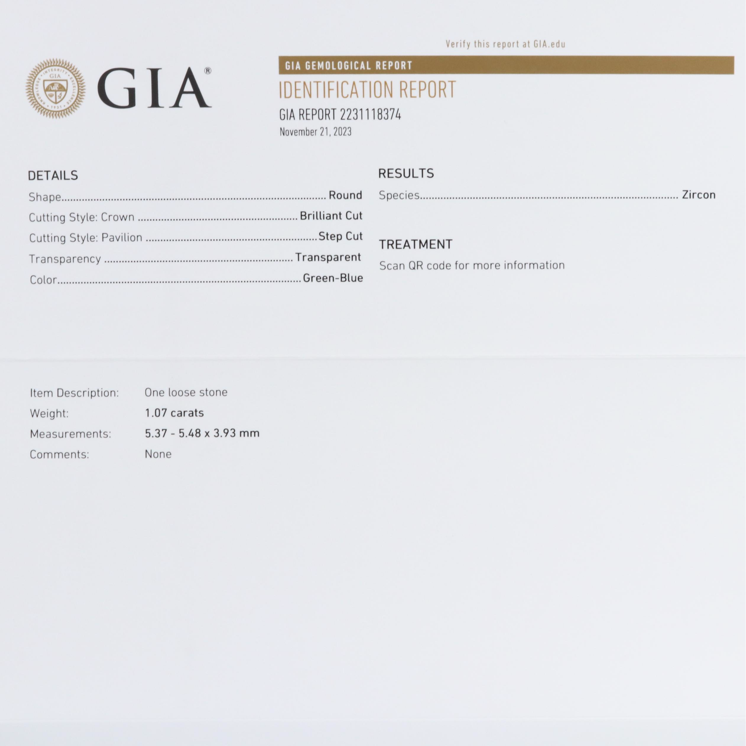 Loose 1.07 CT Zircon with a GIA Report