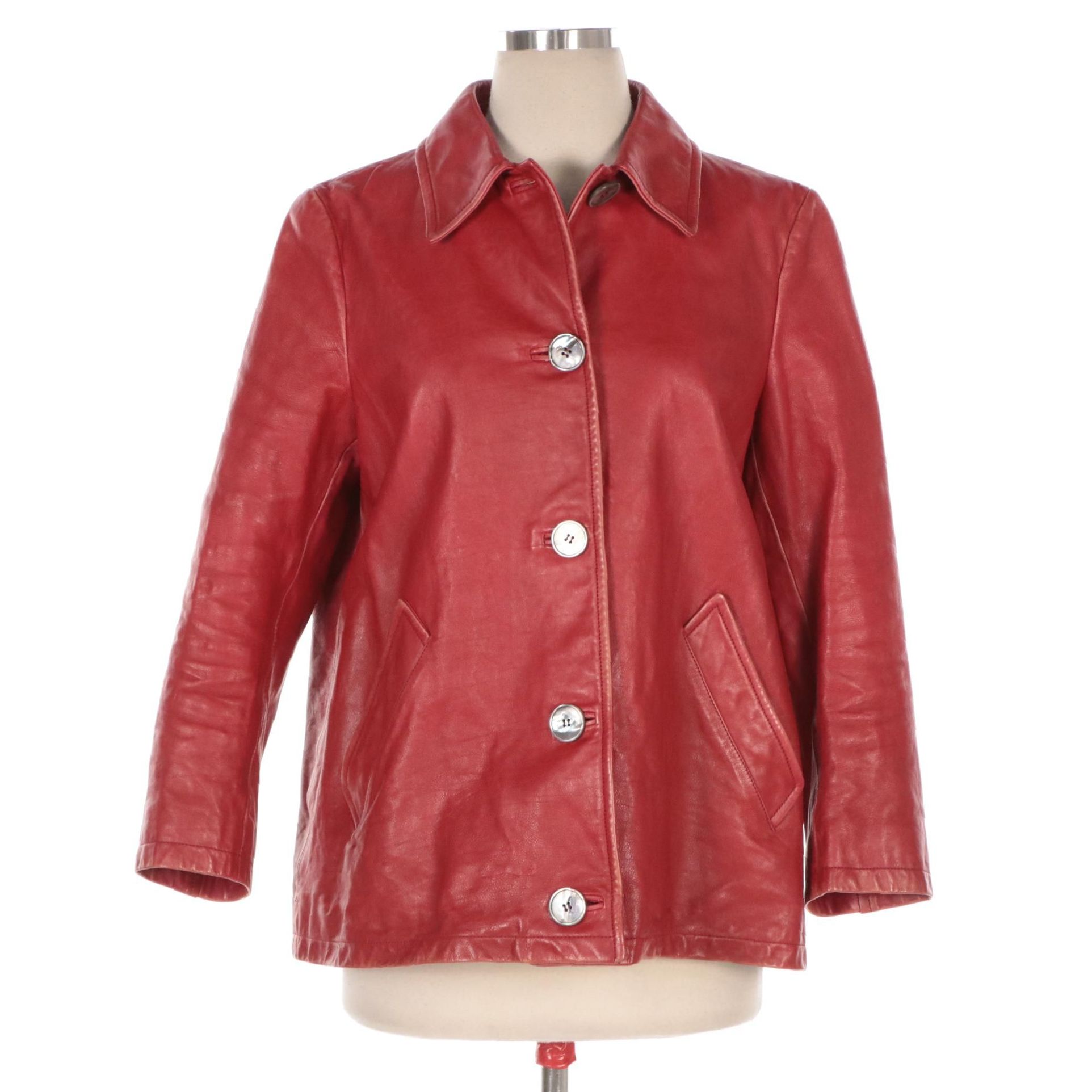 Prada Red Leather Jacket with Mother-of-Pearl Buttons