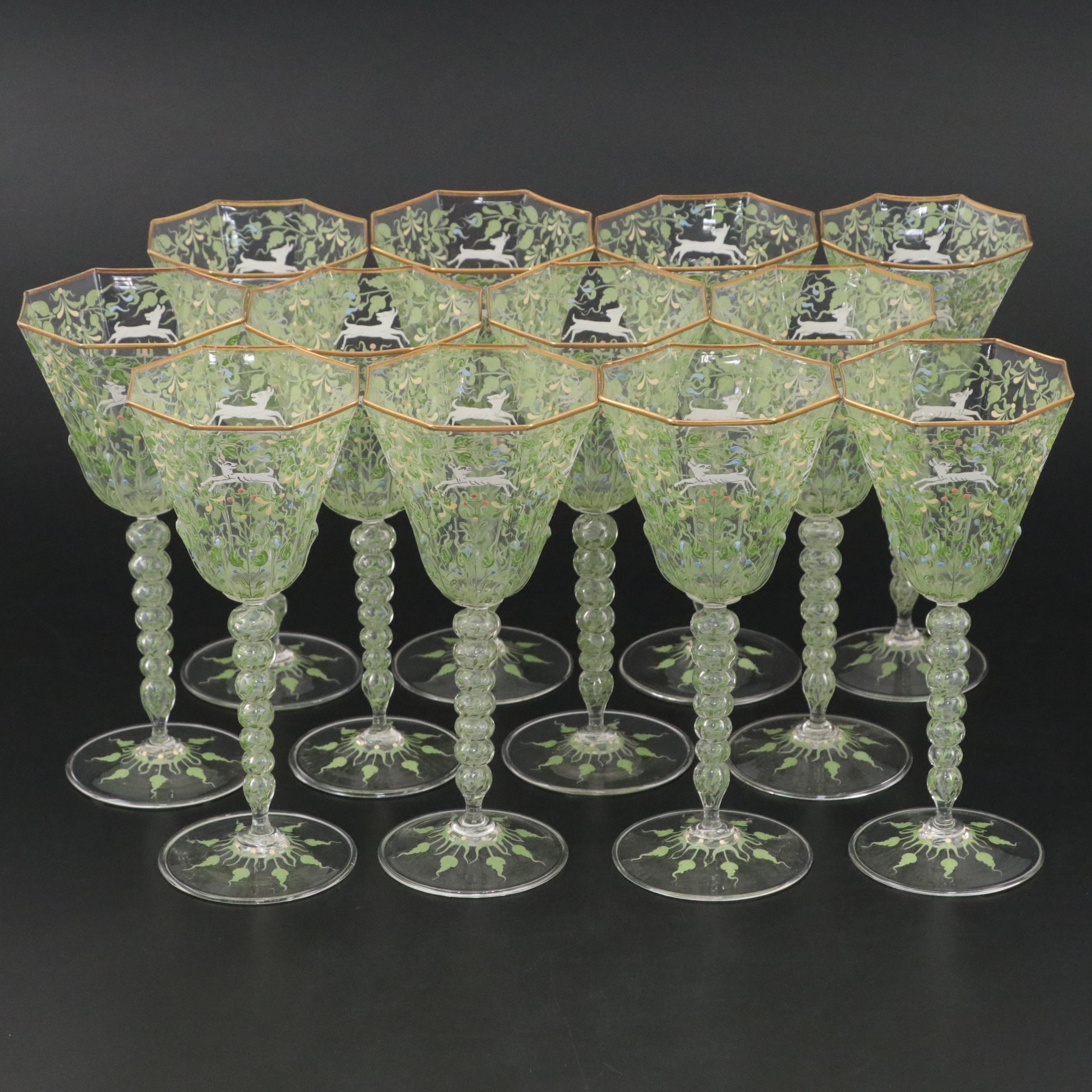 Moser Salviati "Canine and Foliate" Handblown and Enameled Art Glass Goblets