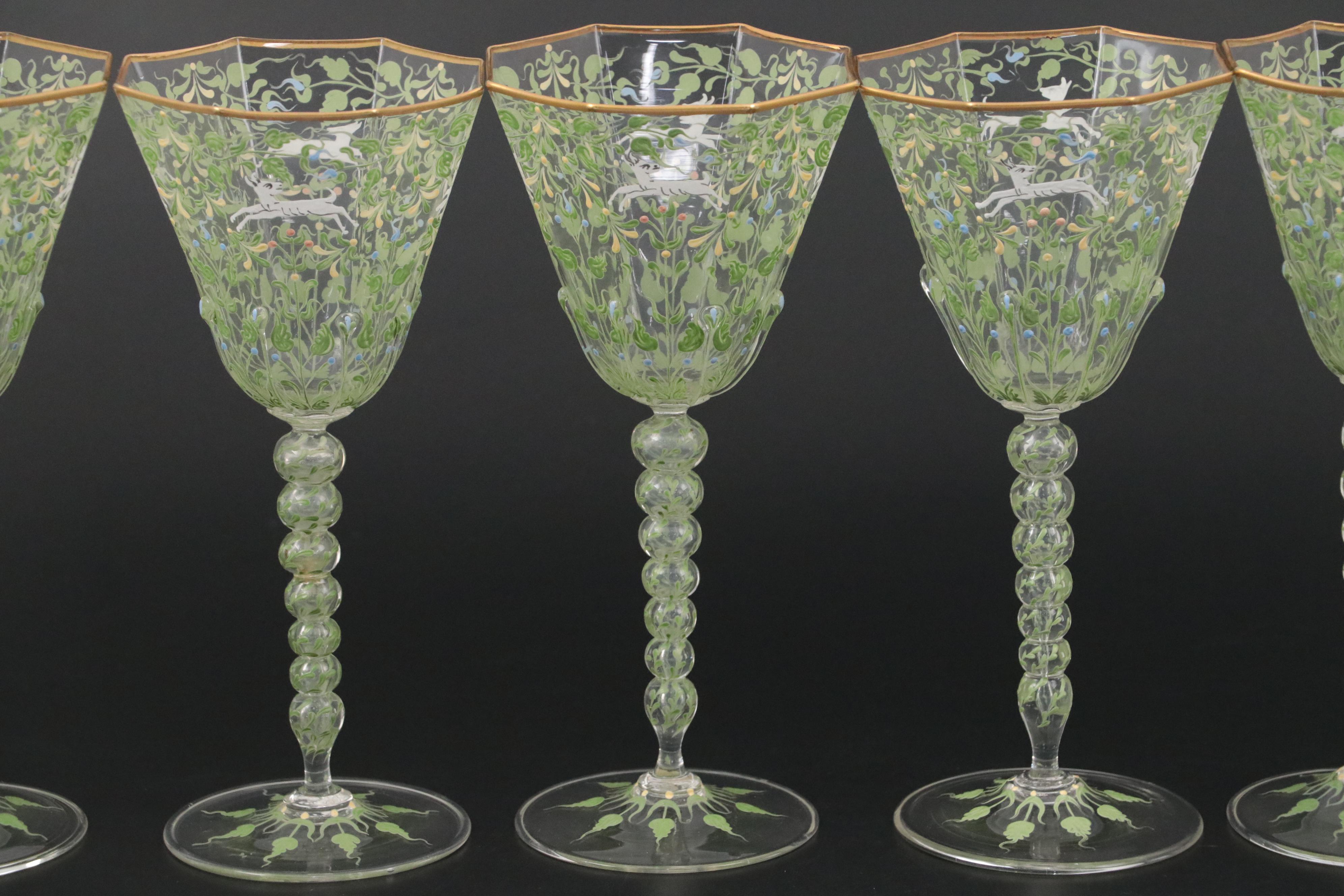 Moser Salviati "Canine and Foliate" Handblown and Enameled Art Glass Goblets