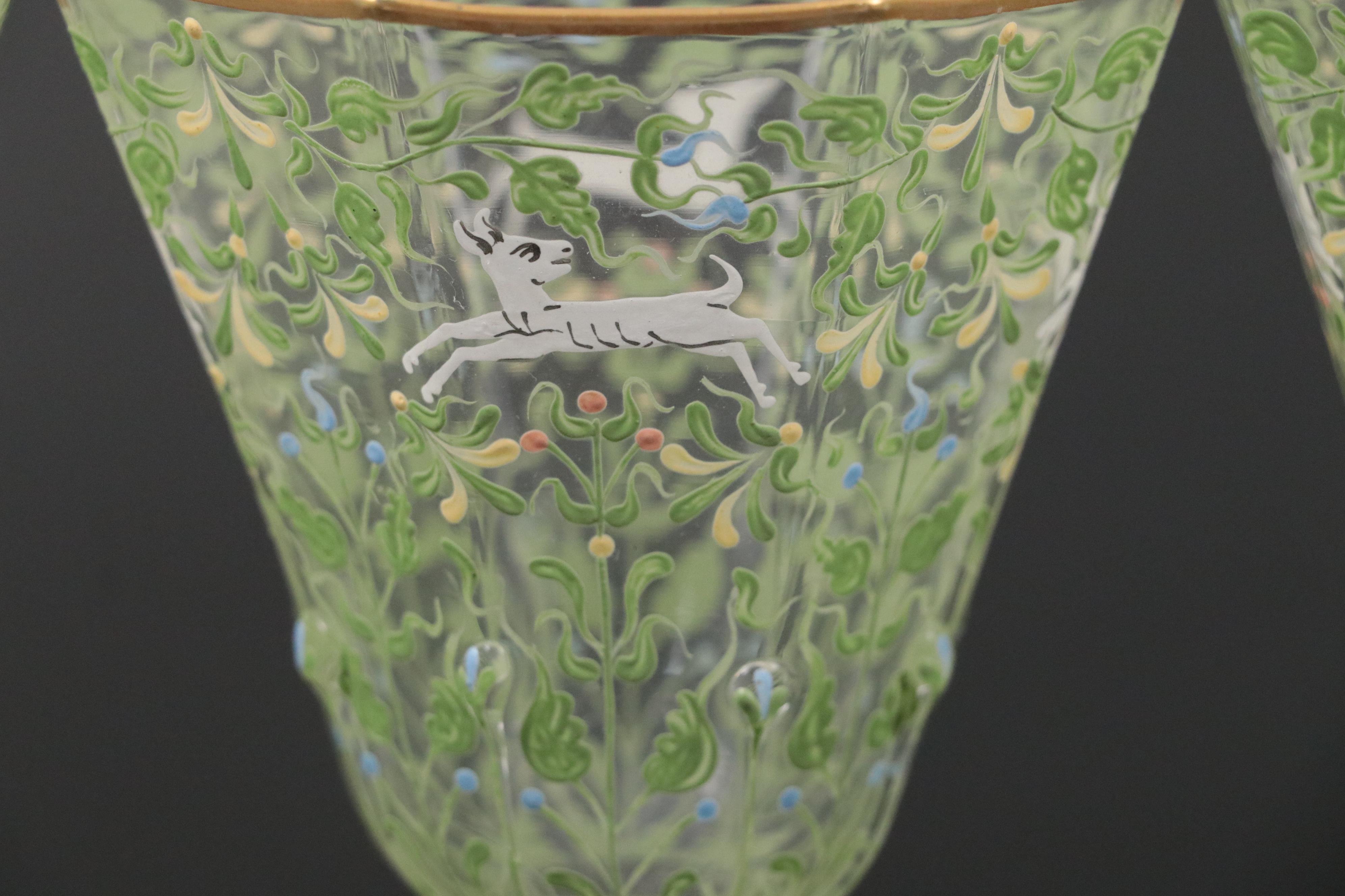 Moser Salviati "Canine and Foliate" Handblown and Enameled Art Glass Goblets