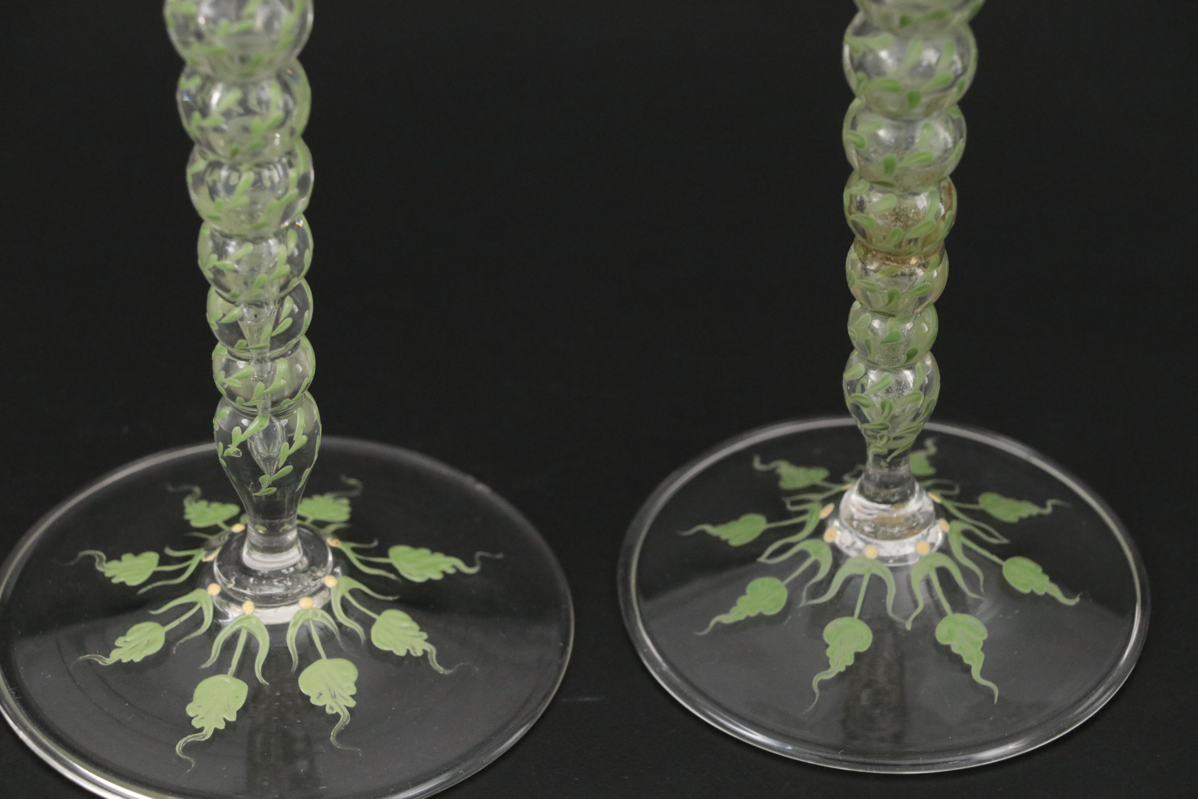 Moser Salviati "Canine and Foliate" Handblown and Enameled Art Glass Goblets