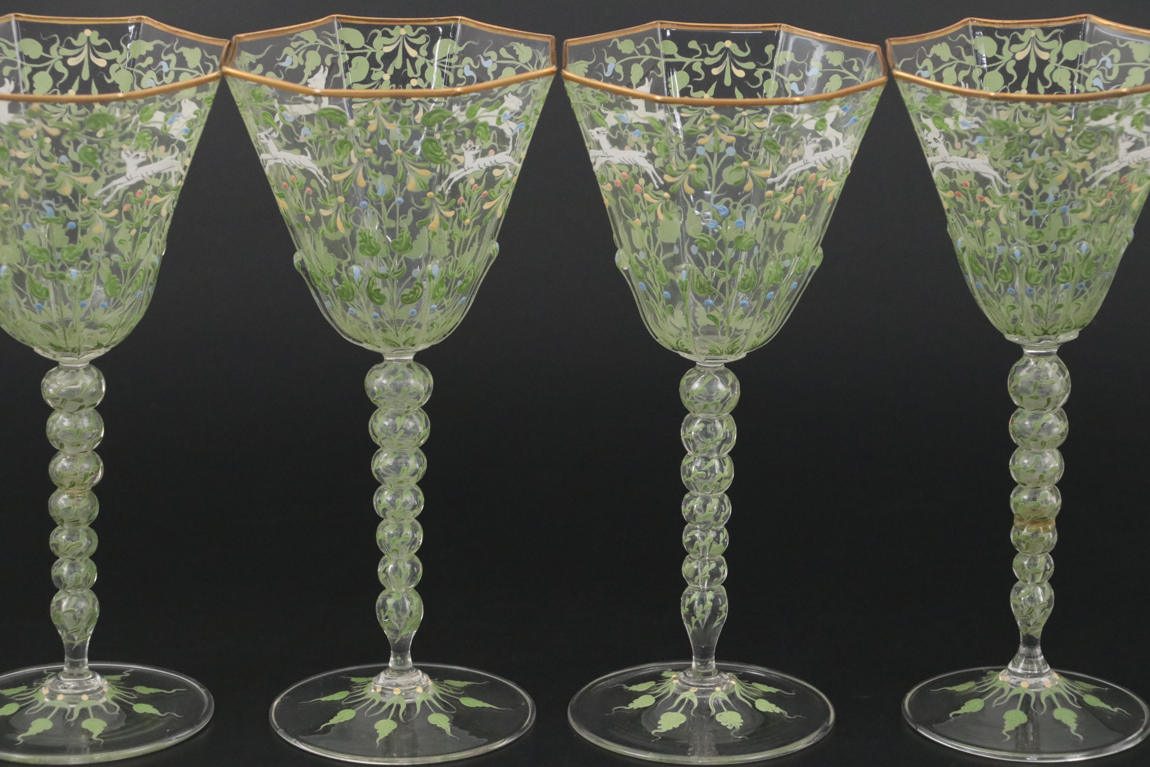 Moser Salviati "Canine and Foliate" Handblown and Enameled Art Glass Goblets