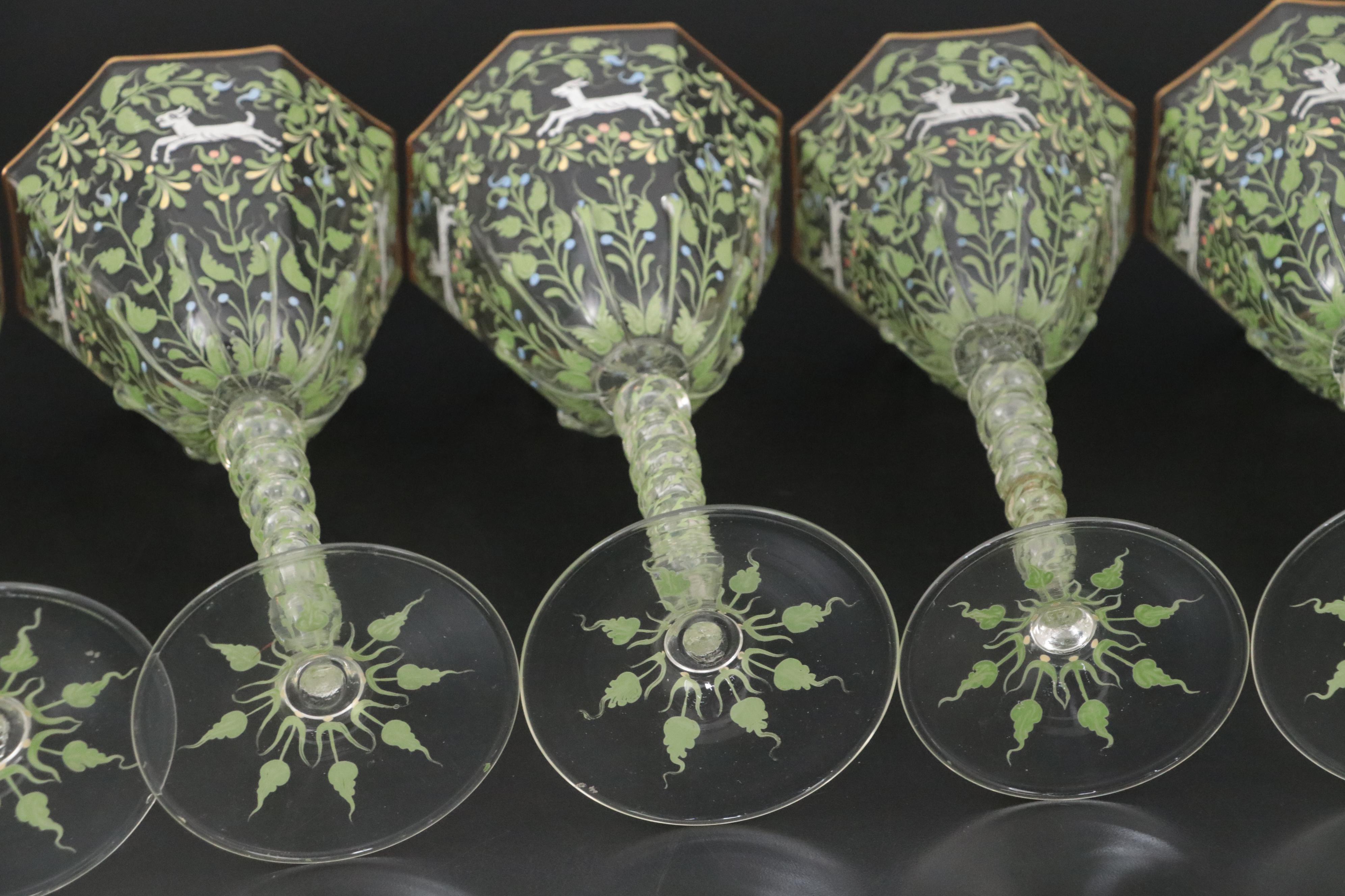 Moser Salviati "Canine and Foliate" Handblown and Enameled Art Glass Goblets