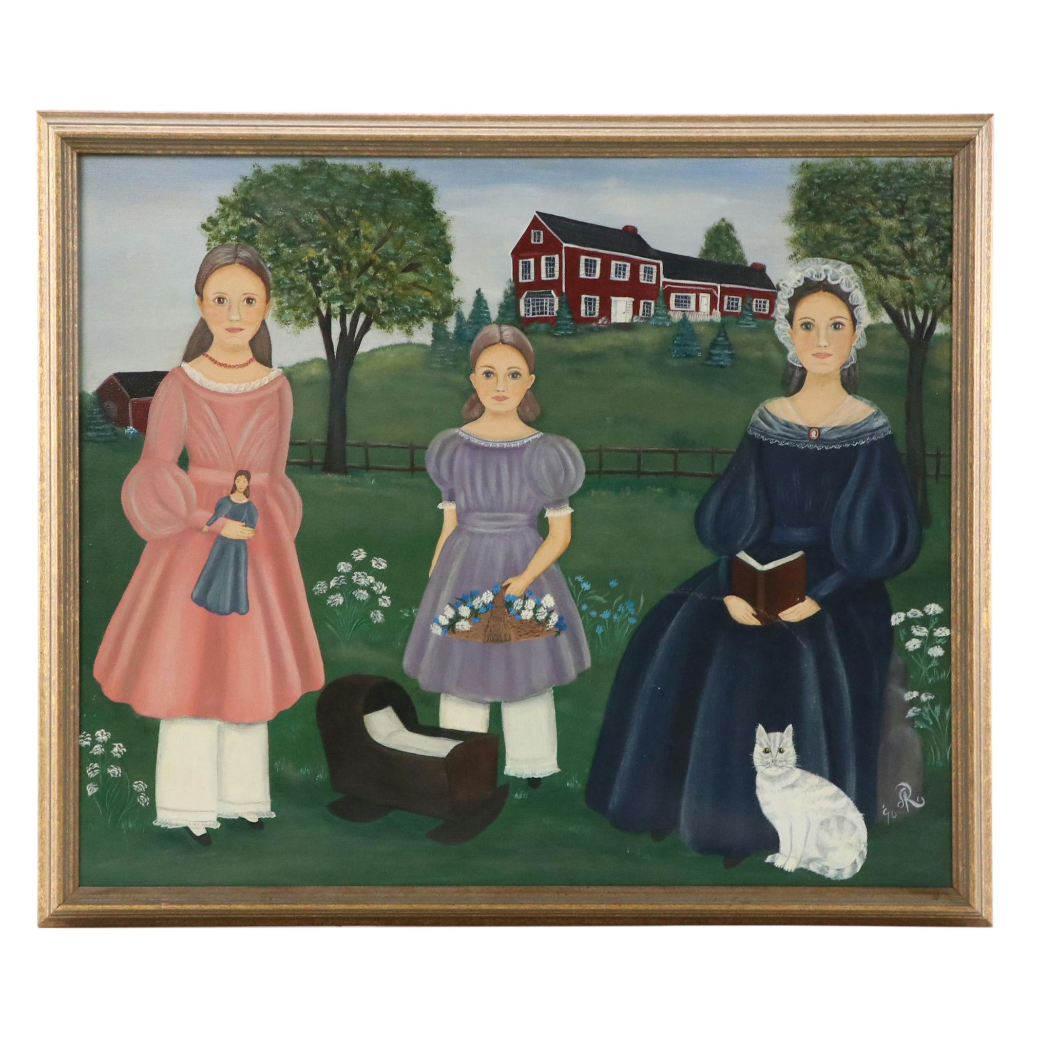 American Folk Art Style Oil Painting of Family Portrait in Landscape, 1990