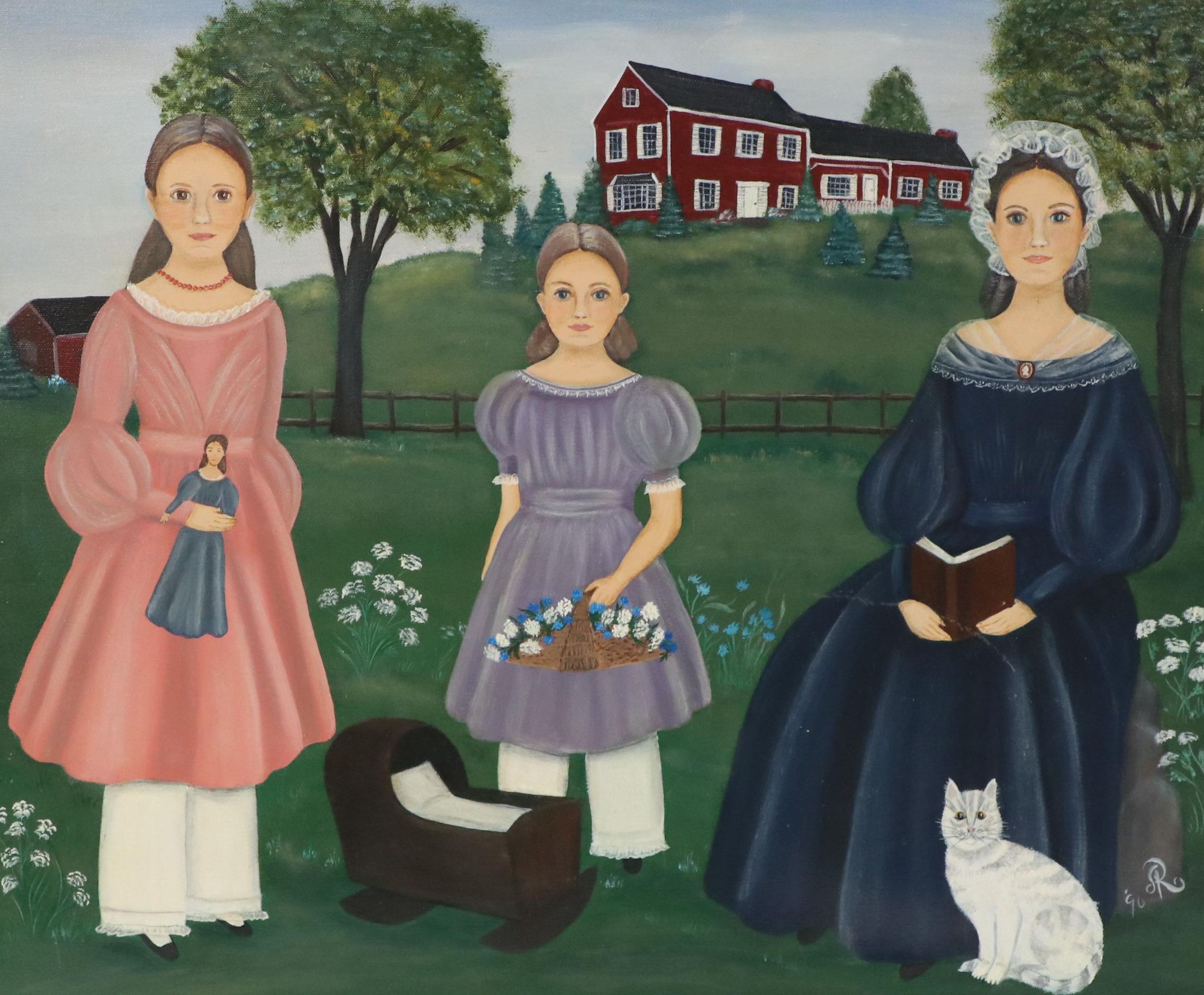American Folk Art Style Oil Painting of Family Portrait in Landscape, 1990