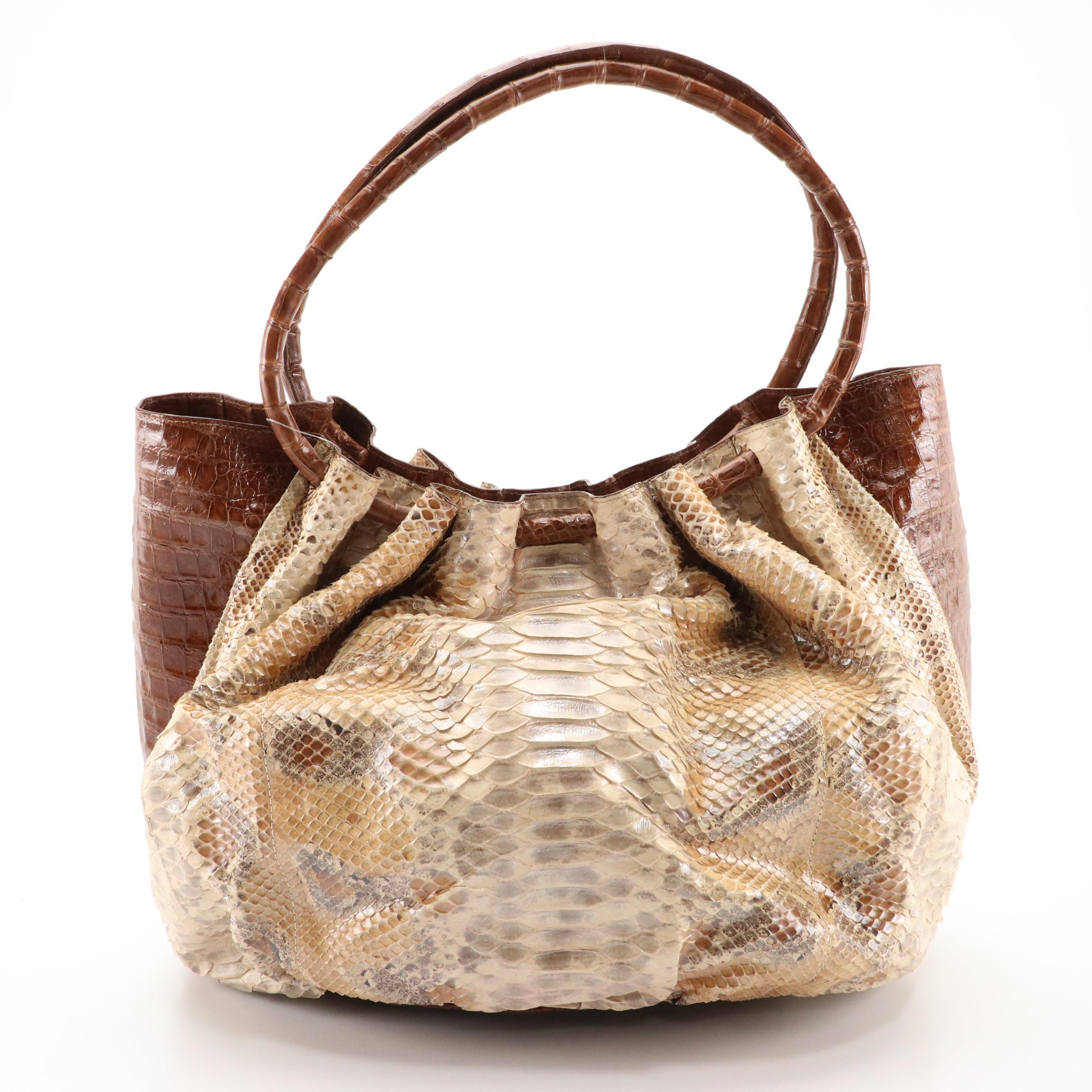 Nancy Gonzalez Python Skin/Caiman Crocodile Ring Handle Tote with Tag