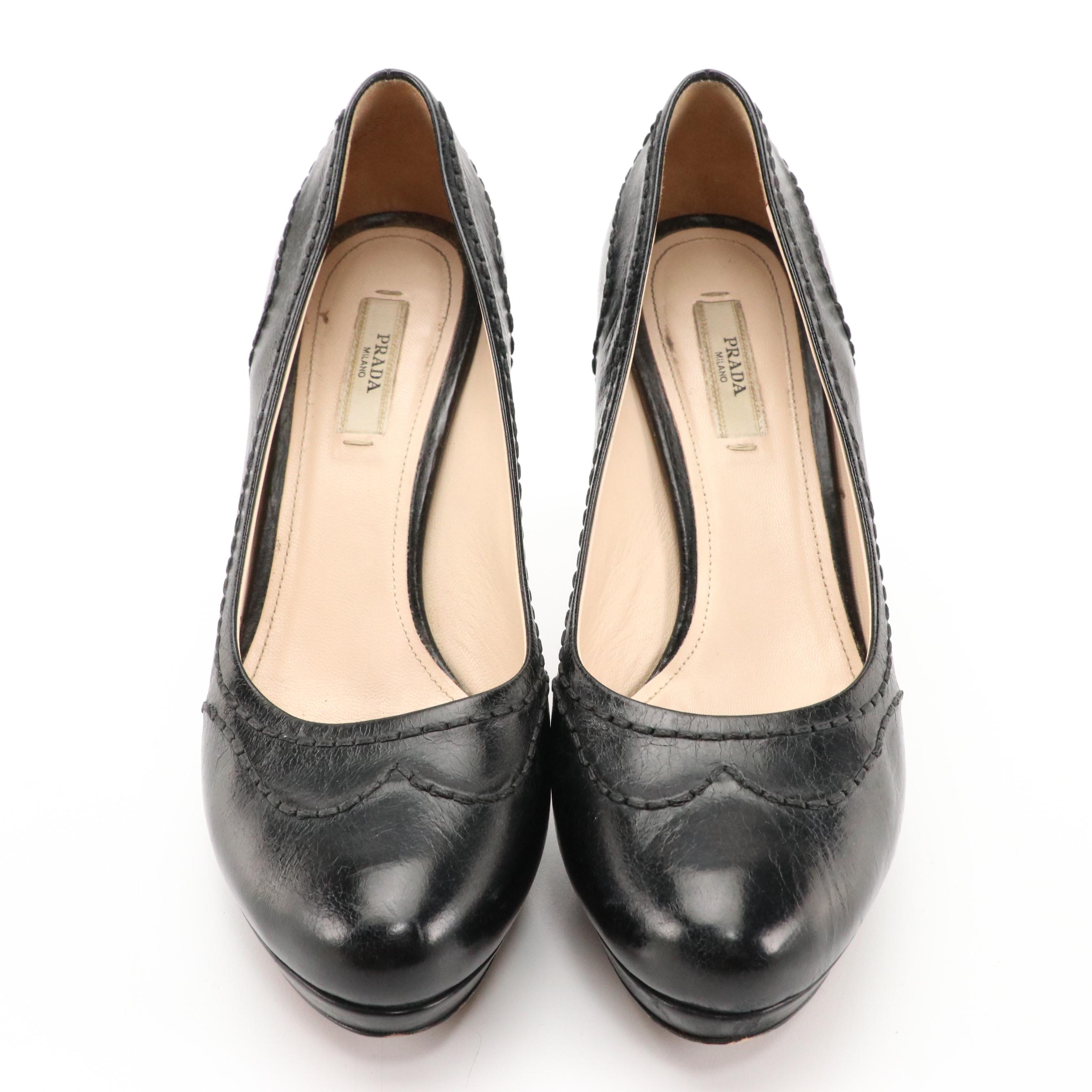 Prada Black Leather Platform Pumps with Stitching Detail