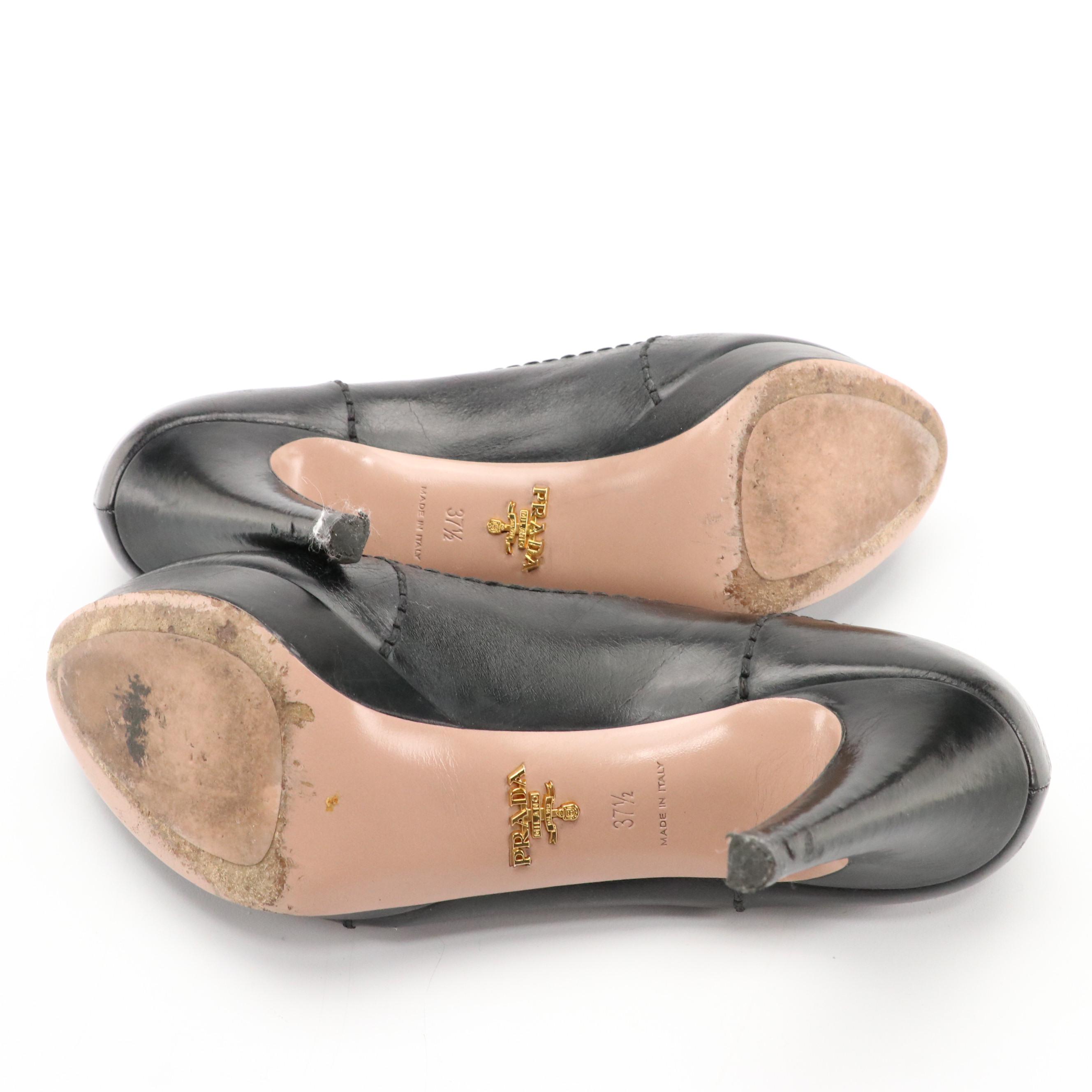 Prada Black Leather Platform Pumps with Stitching Detail