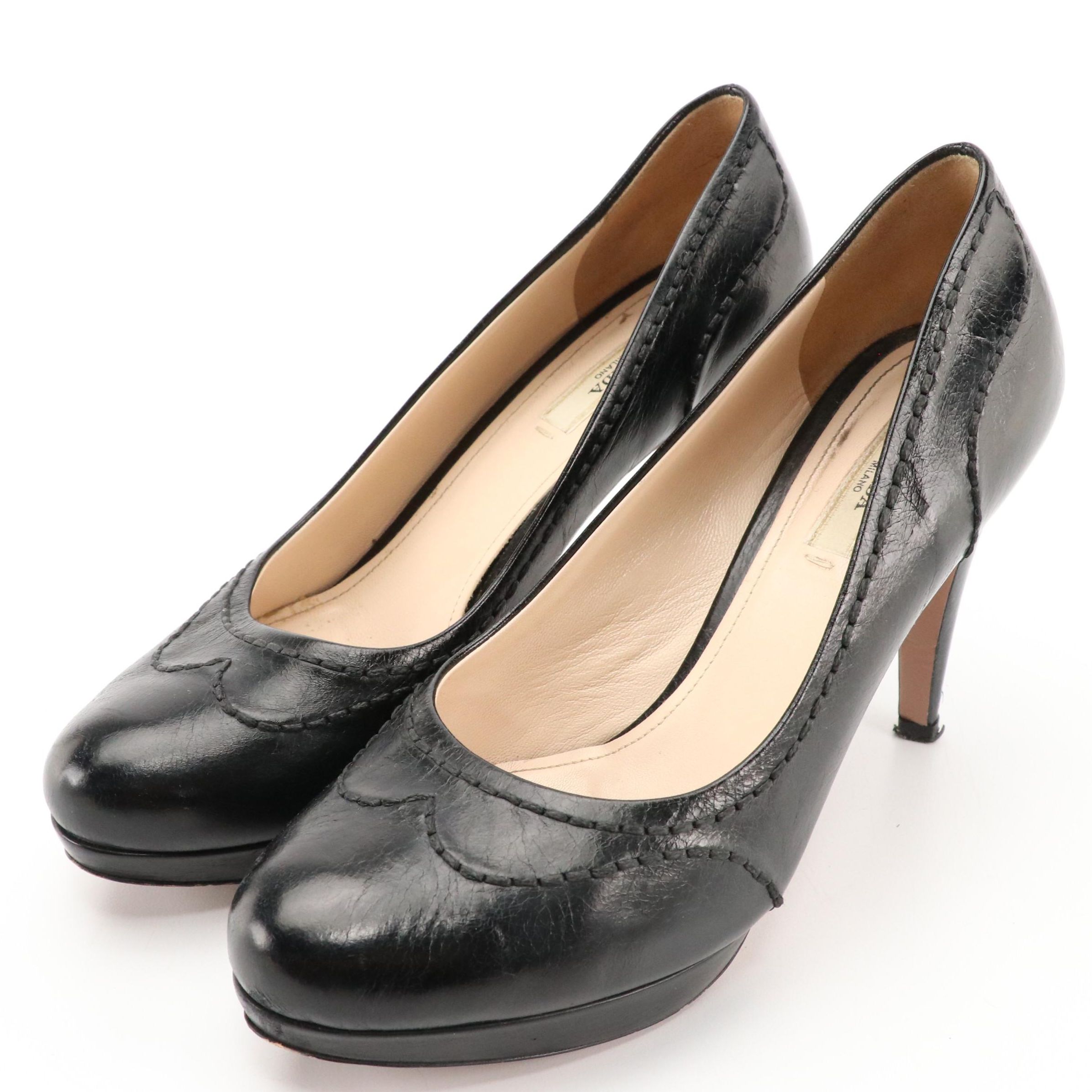 Prada Black Leather Platform Pumps with Stitching Detail