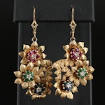 18K Ruby, Sapphire, Emerald and Diamond Floral Pendant Earrings