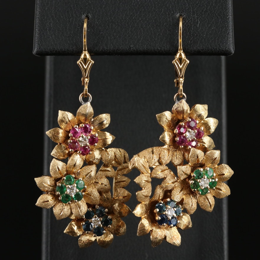 18K Ruby, Sapphire, Emerald and Diamond Floral Pendant Earrings