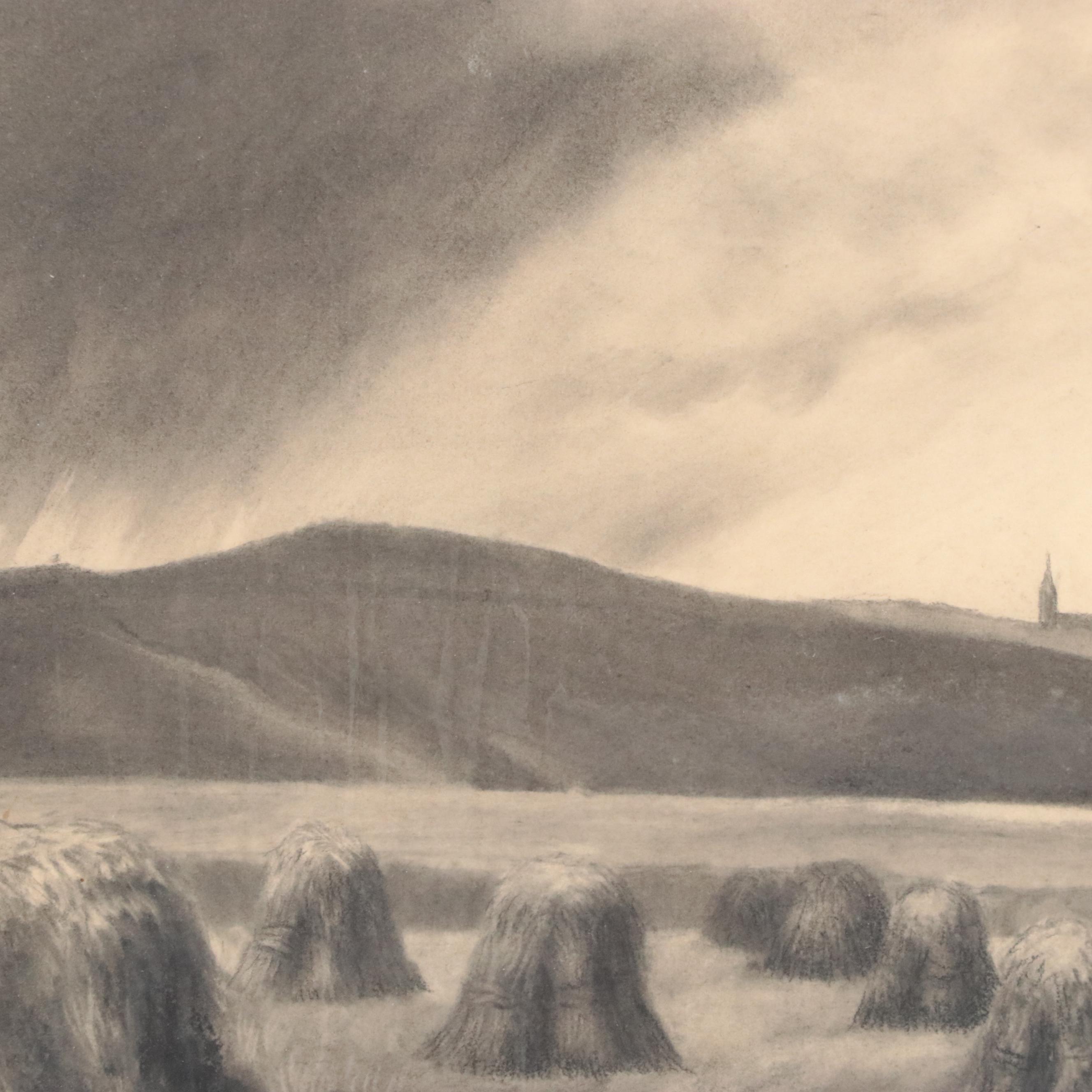 Pastoral Landscape Charcoal Drawing of Hay Bales in Field