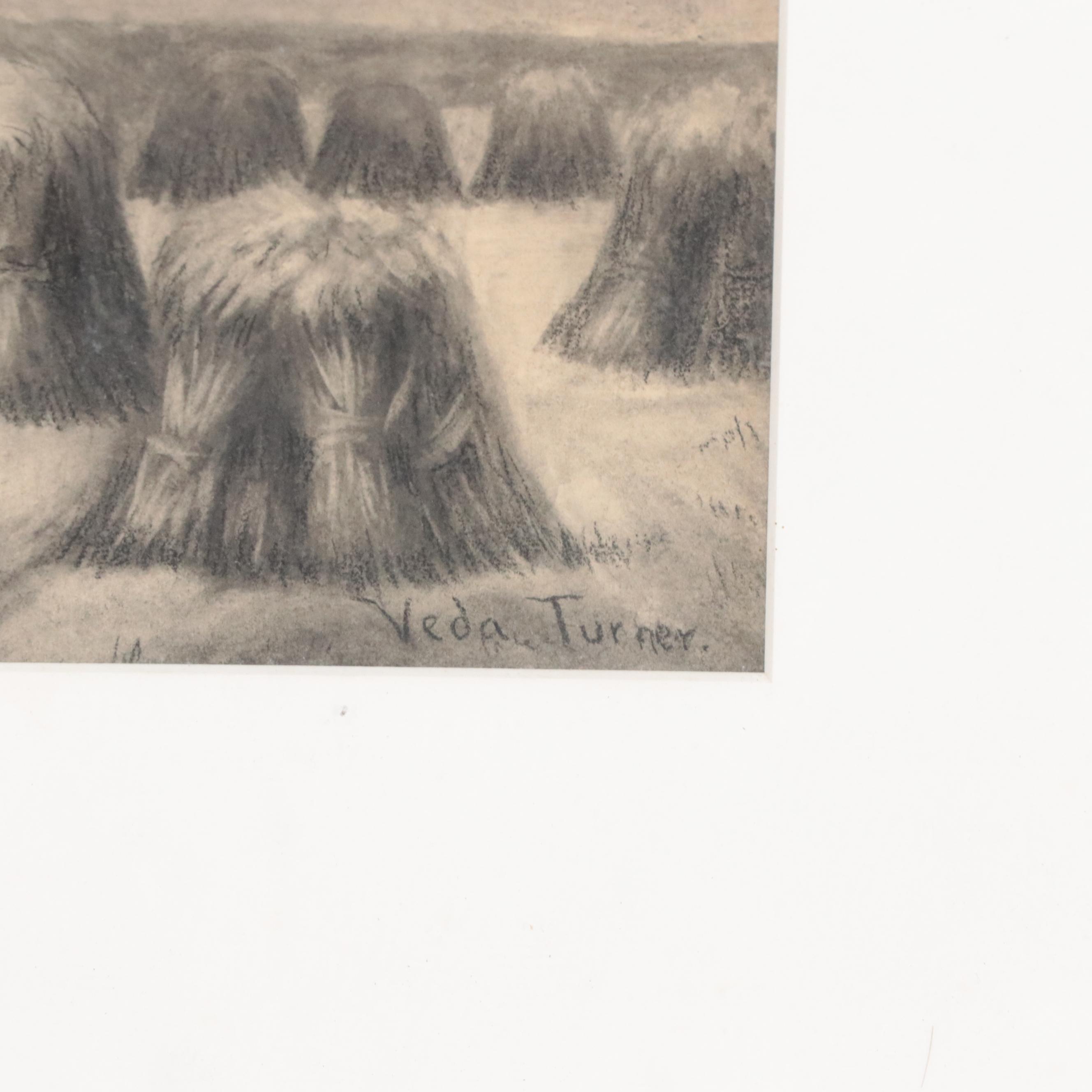 Pastoral Landscape Charcoal Drawing of Hay Bales in Field