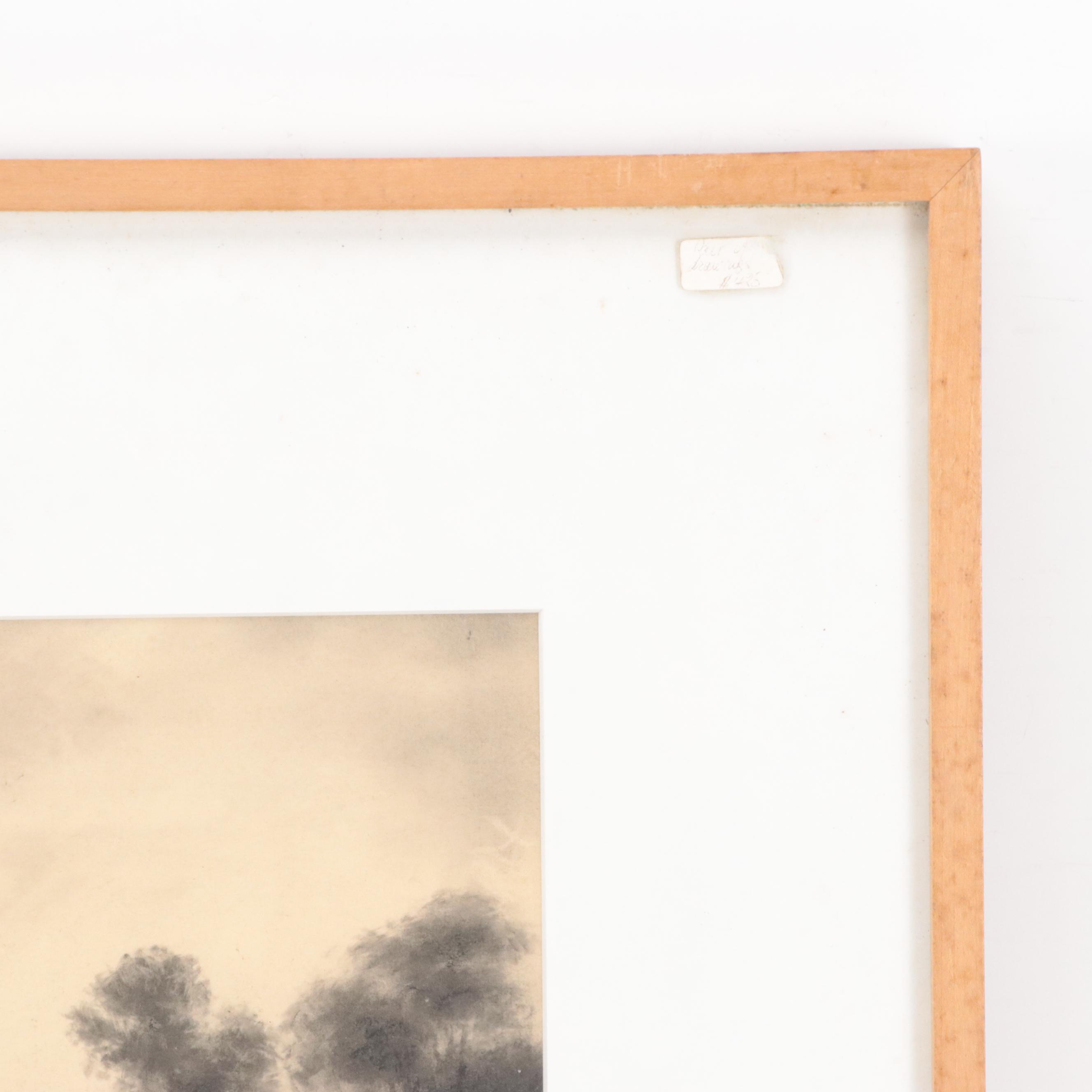 Pastoral Landscape Charcoal Drawing of Hay Bales in Field