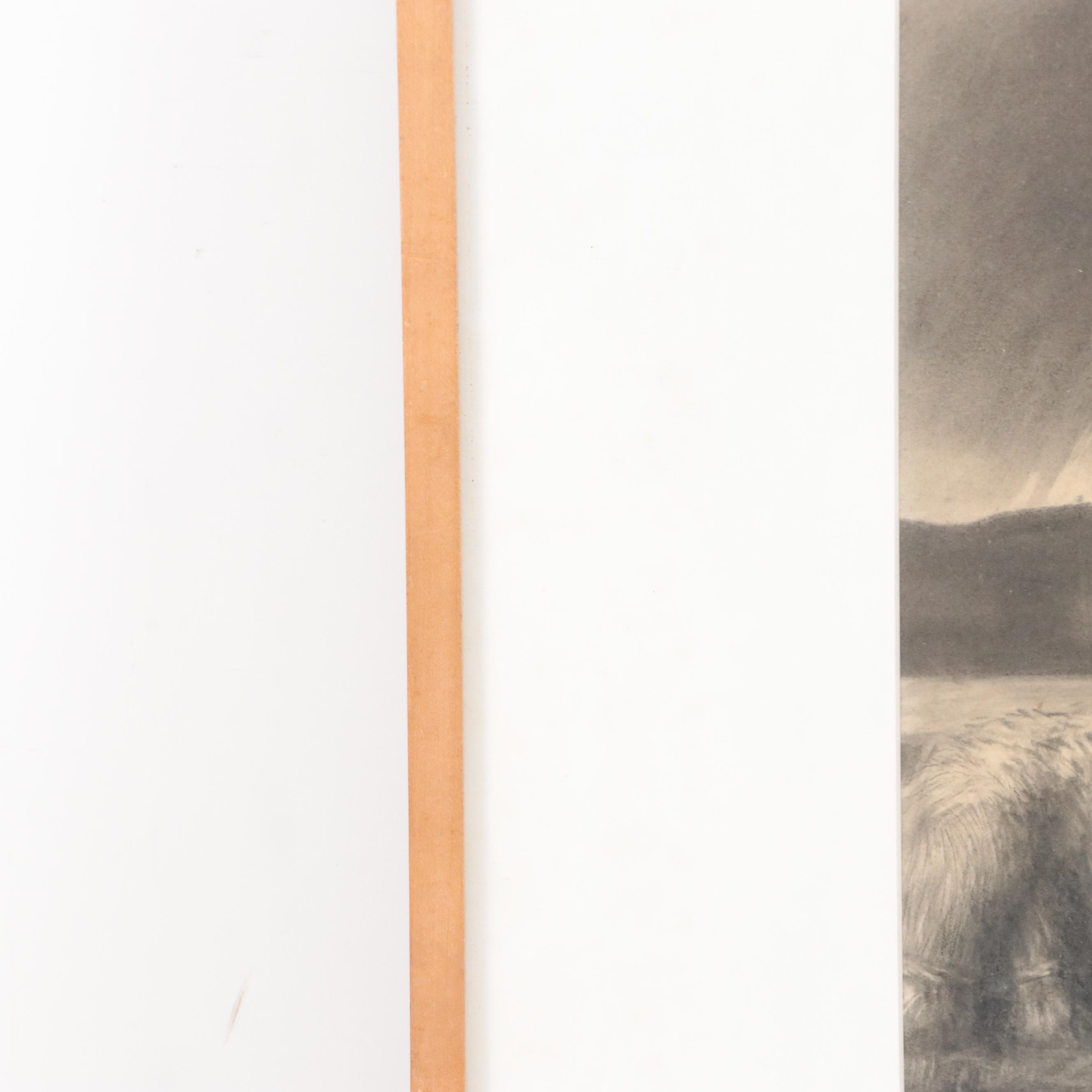 Pastoral Landscape Charcoal Drawing of Hay Bales in Field