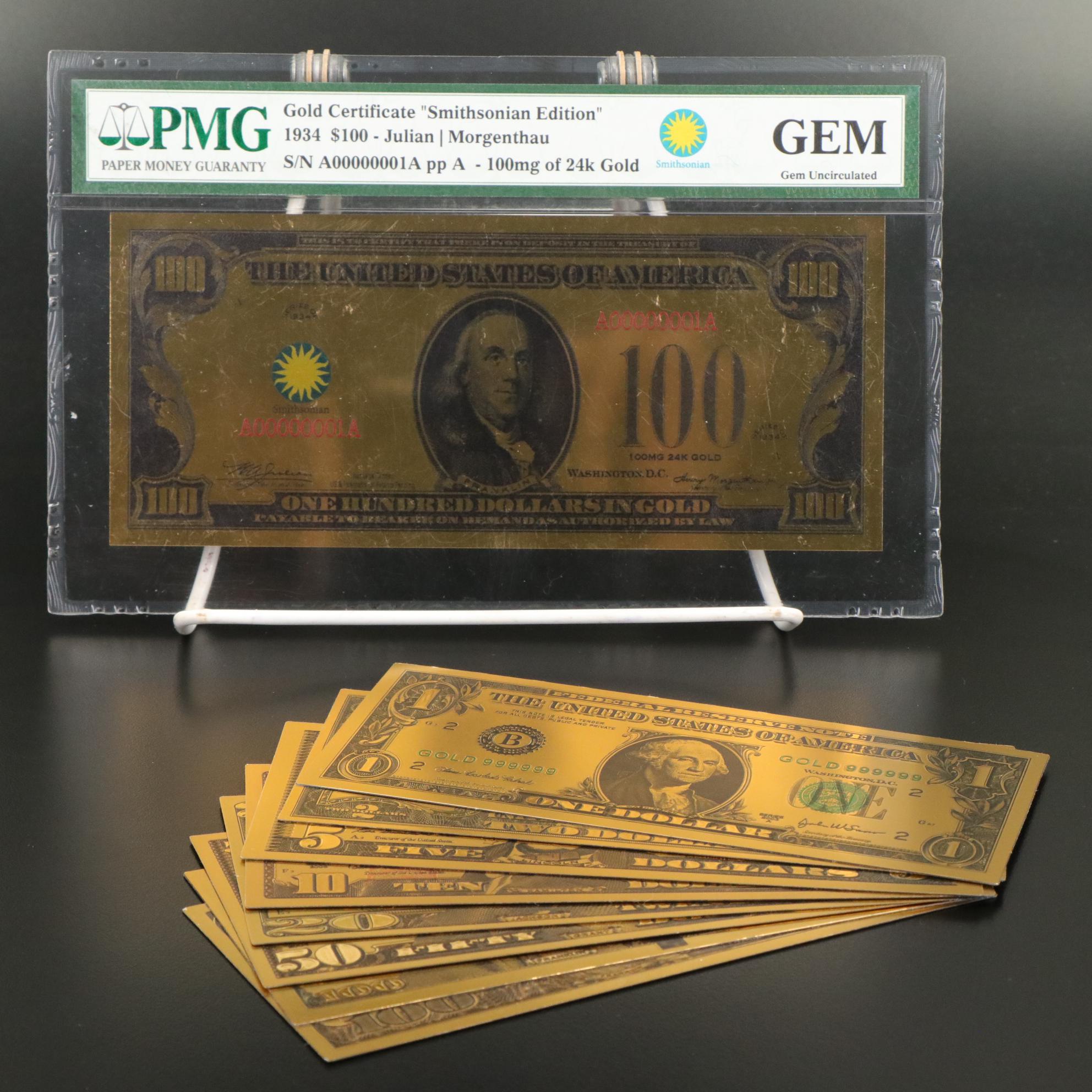 Nine Reproduction 24K Gold Plated U.S. Currency Notes