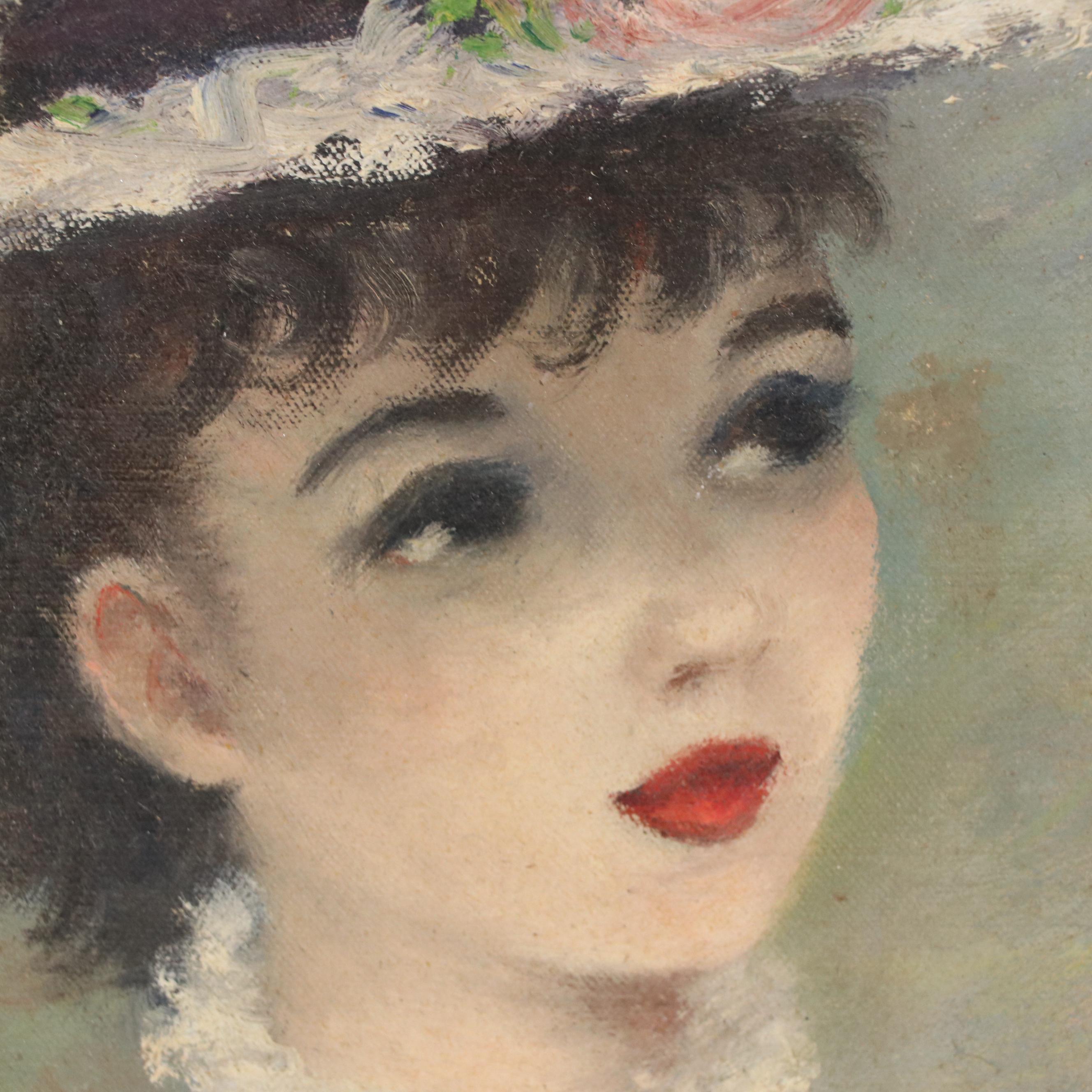 Huldah Cherry Jeffe Portrait Oil Painting of Young Woman in Flower Hat