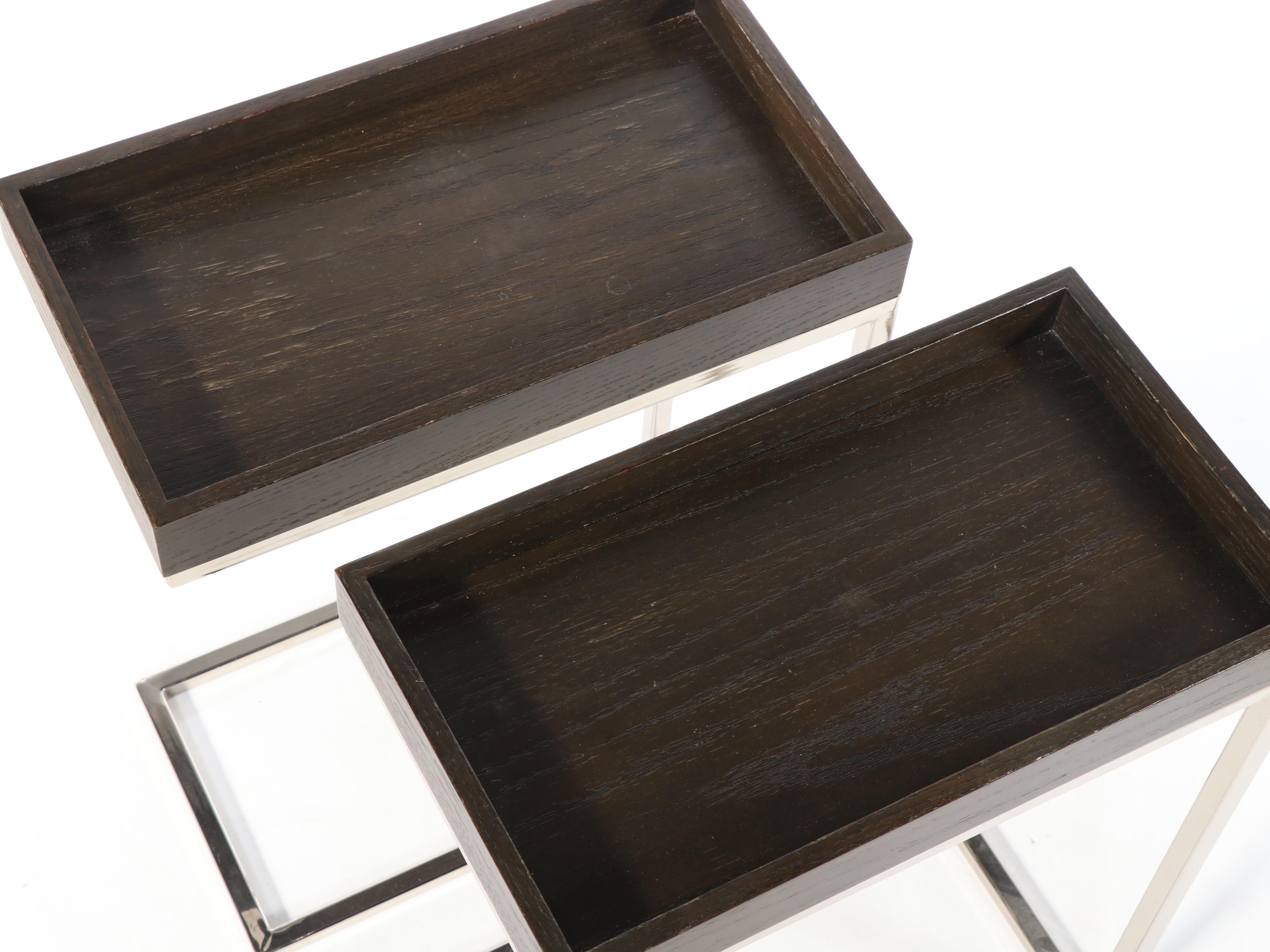 Pair of Modern C-Shape Wood and Chromed Metal Tray Top Tables