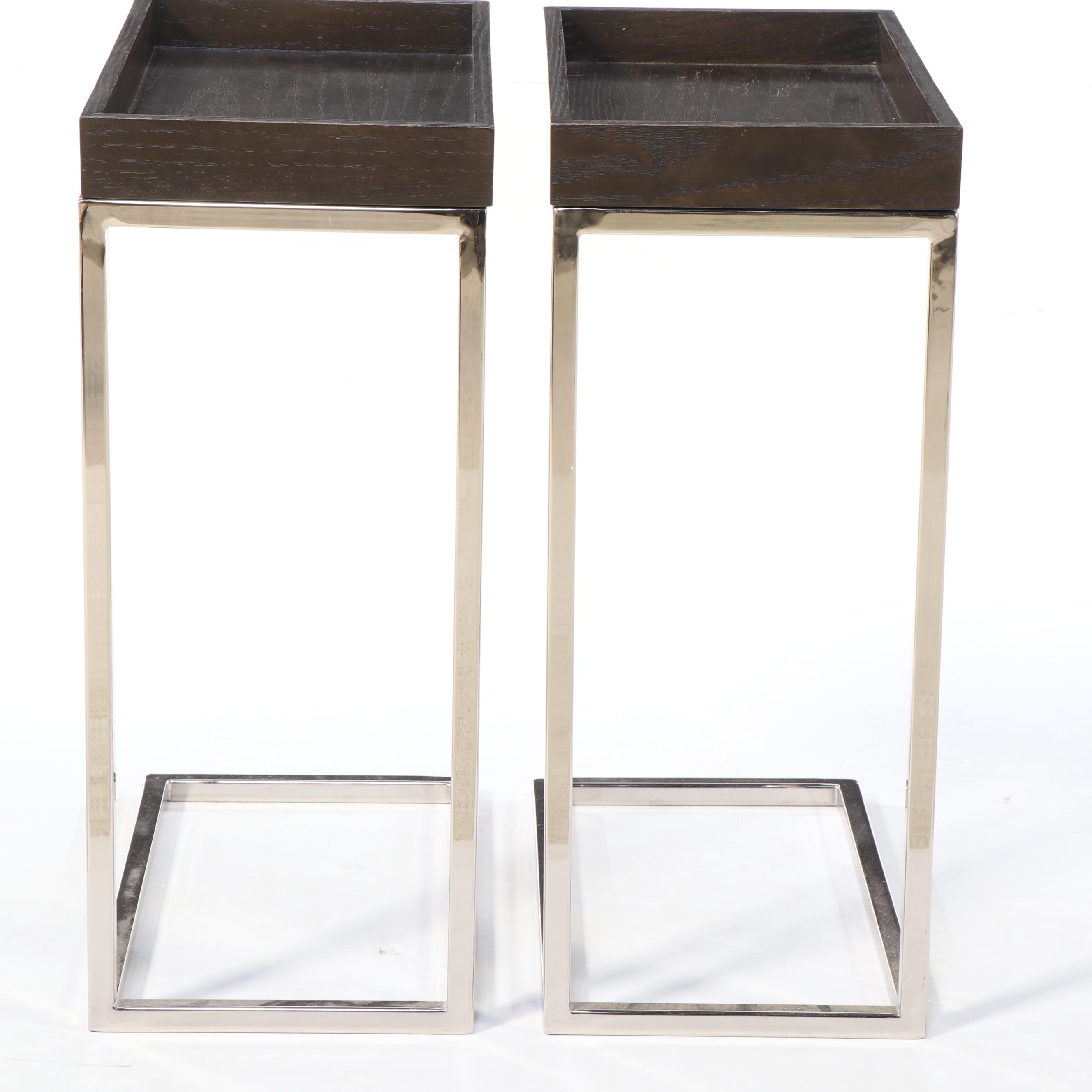 Pair of Modern C-Shape Wood and Chromed Metal Tray Top Tables