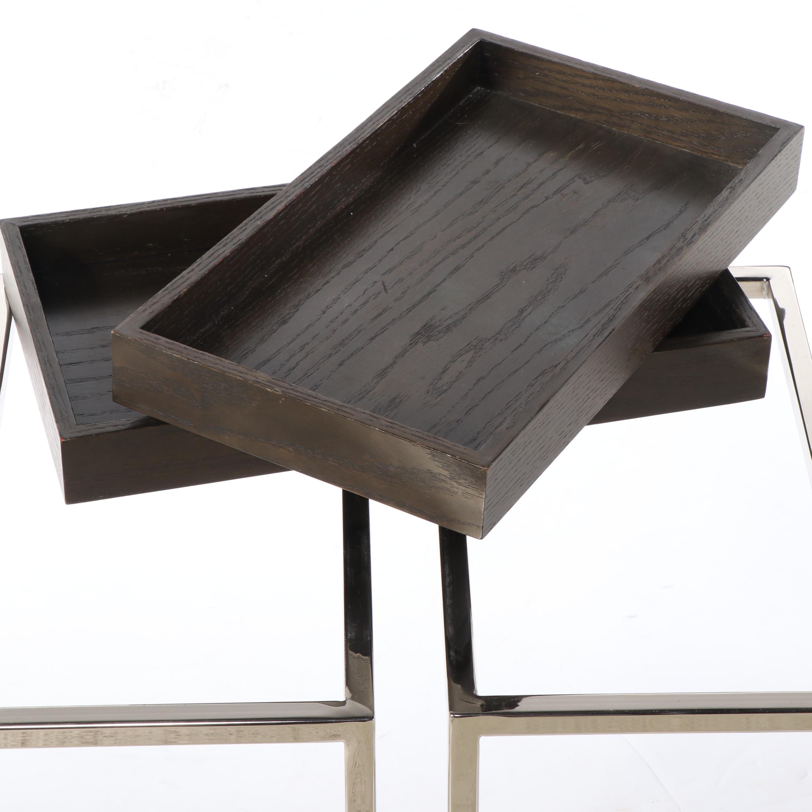 Pair of Modern C-Shape Wood and Chromed Metal Tray Top Tables