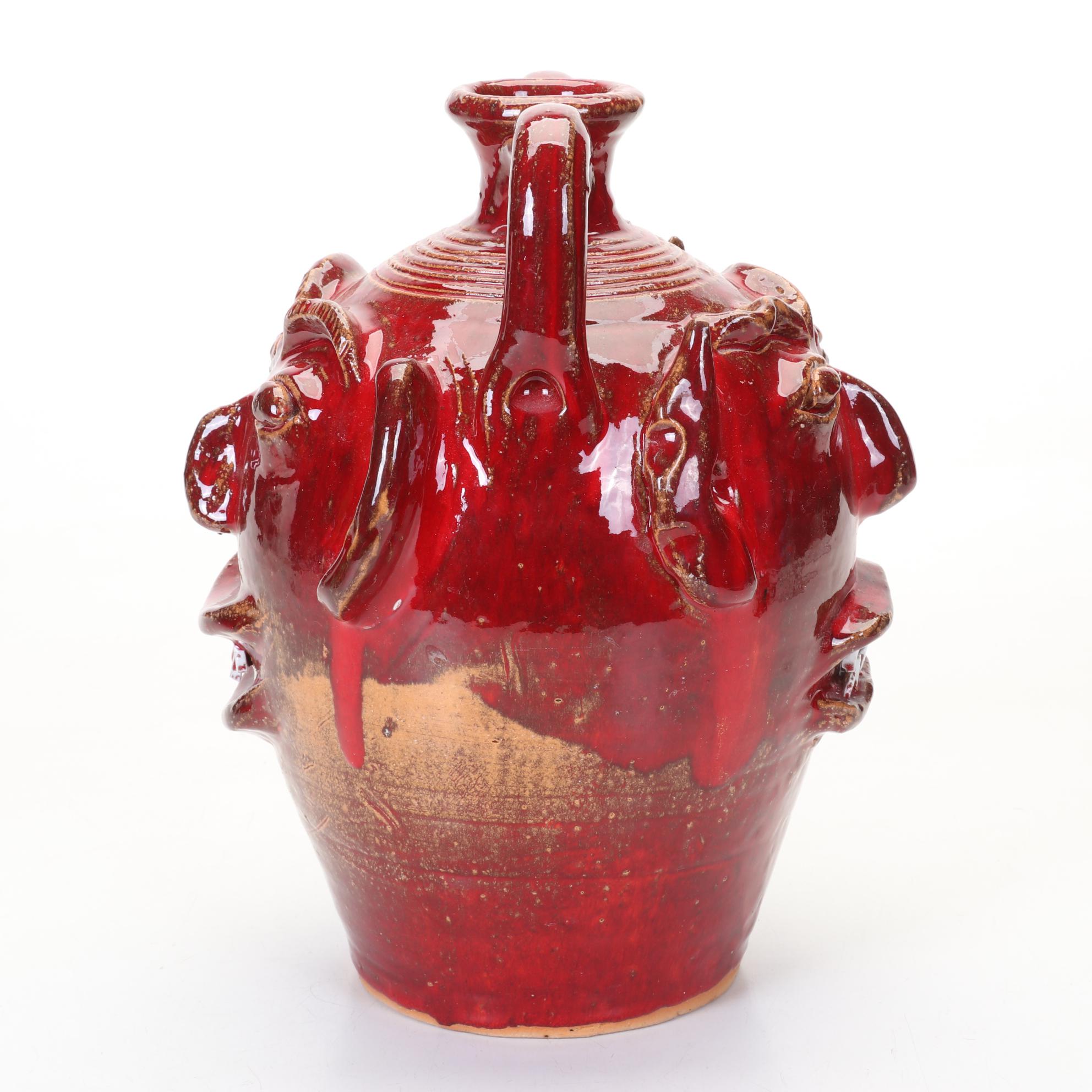 Ben Allman Signed Folk Art Double Sided Pottery Face Jug In Red and Orange