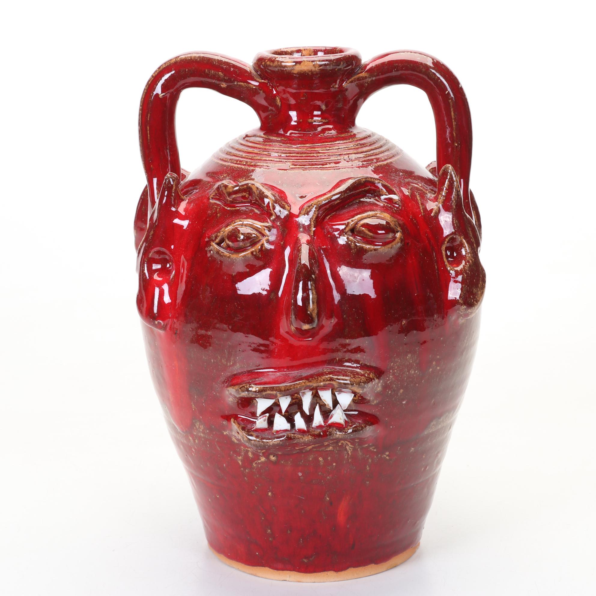 Ben Allman Signed Folk Art Double Sided Pottery Face Jug In Red and Orange