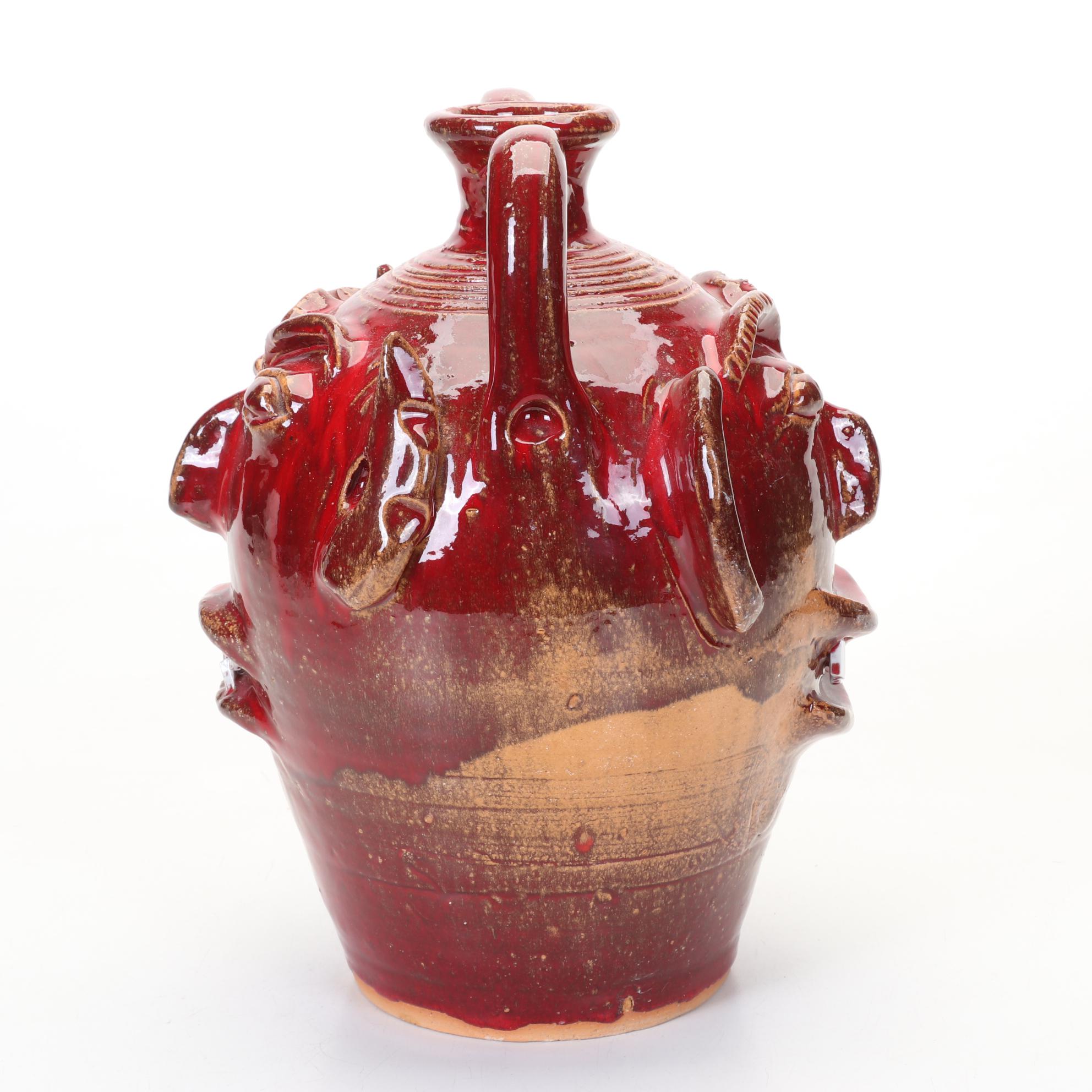 Ben Allman Signed Folk Art Double Sided Pottery Face Jug In Red and Orange