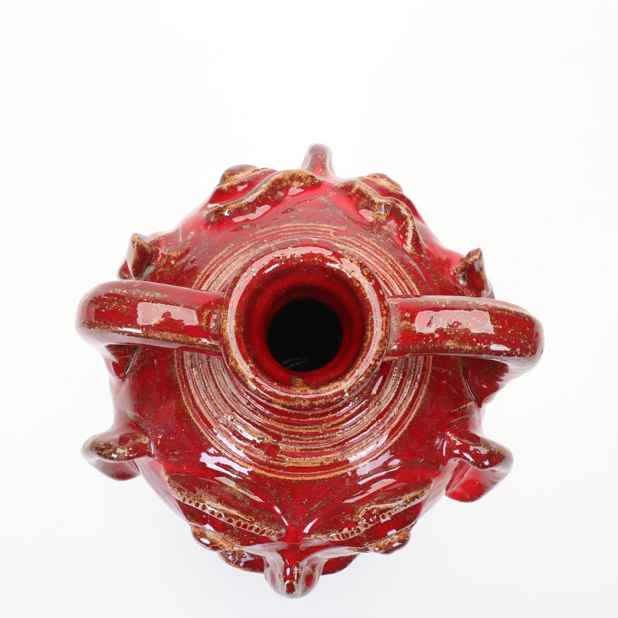 Ben Allman Signed Folk Art Double Sided Pottery Face Jug In Red and Orange