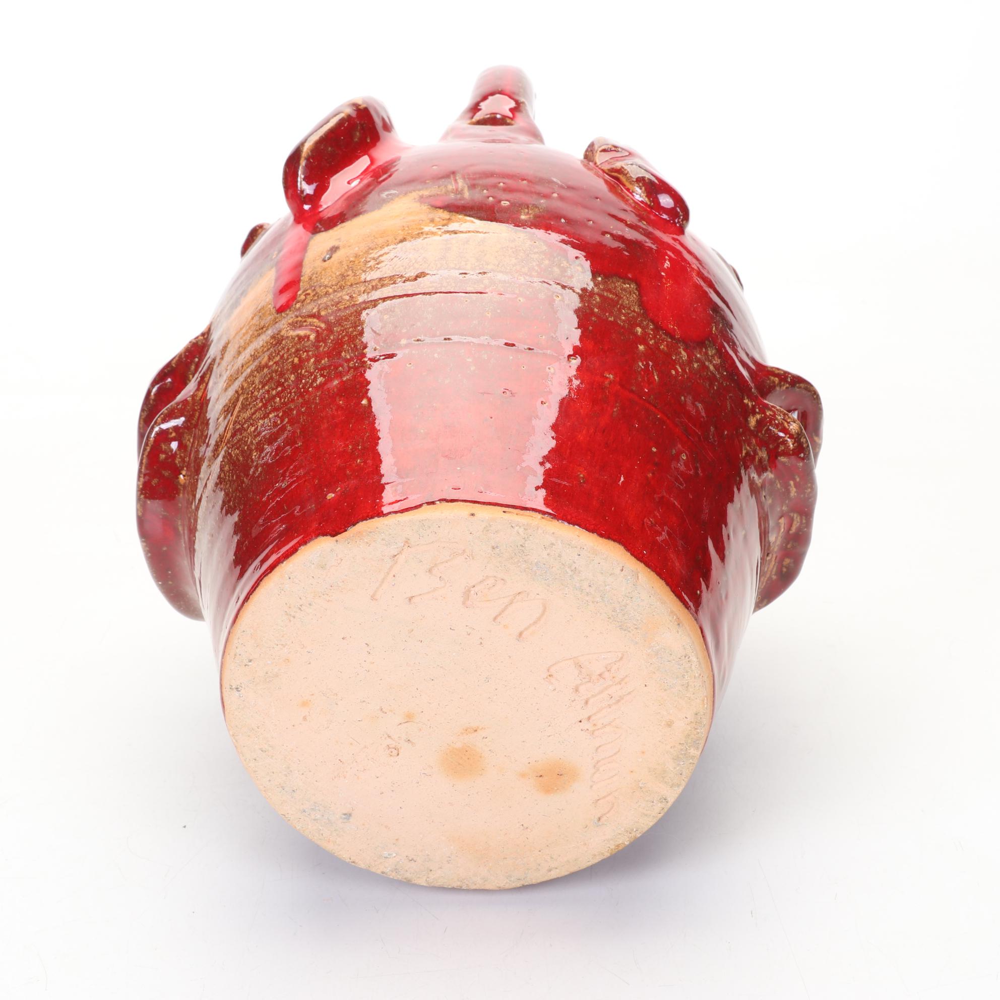 Ben Allman Signed Folk Art Double Sided Pottery Face Jug In Red and Orange