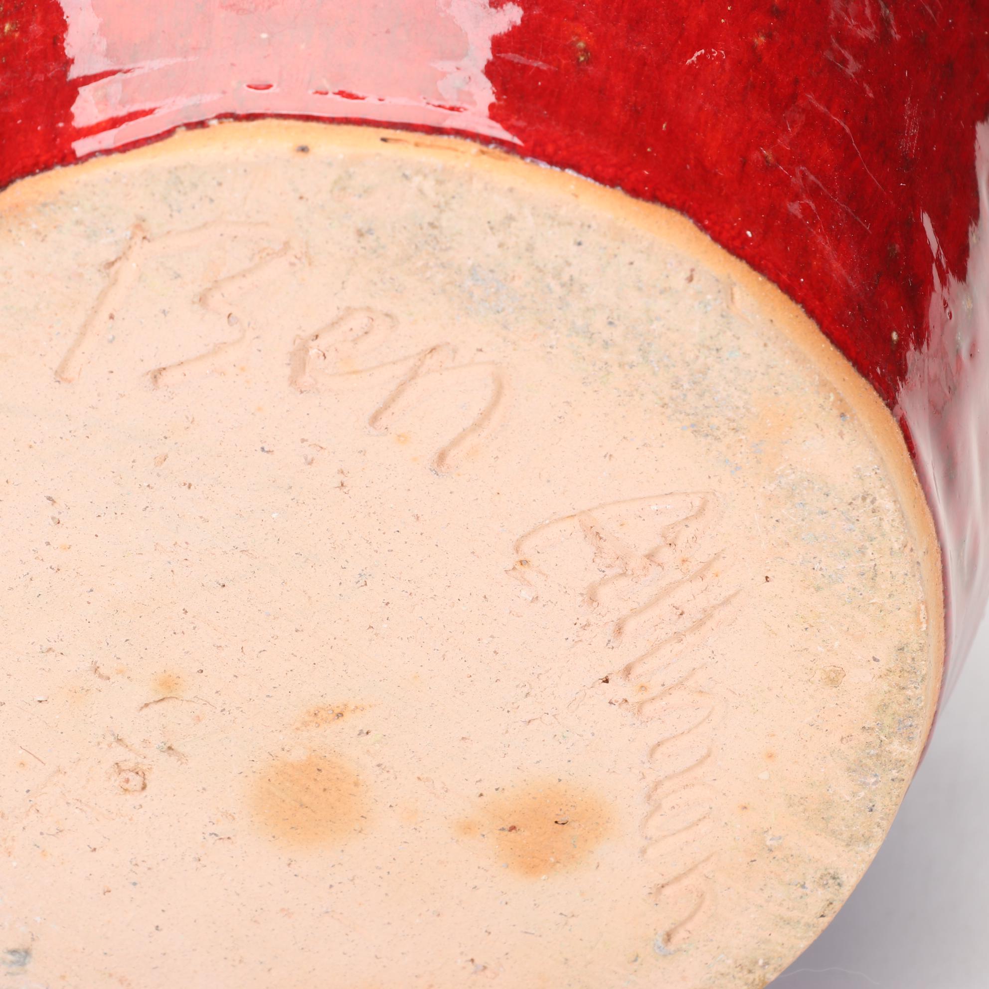 Ben Allman Signed Folk Art Double Sided Pottery Face Jug In Red and Orange