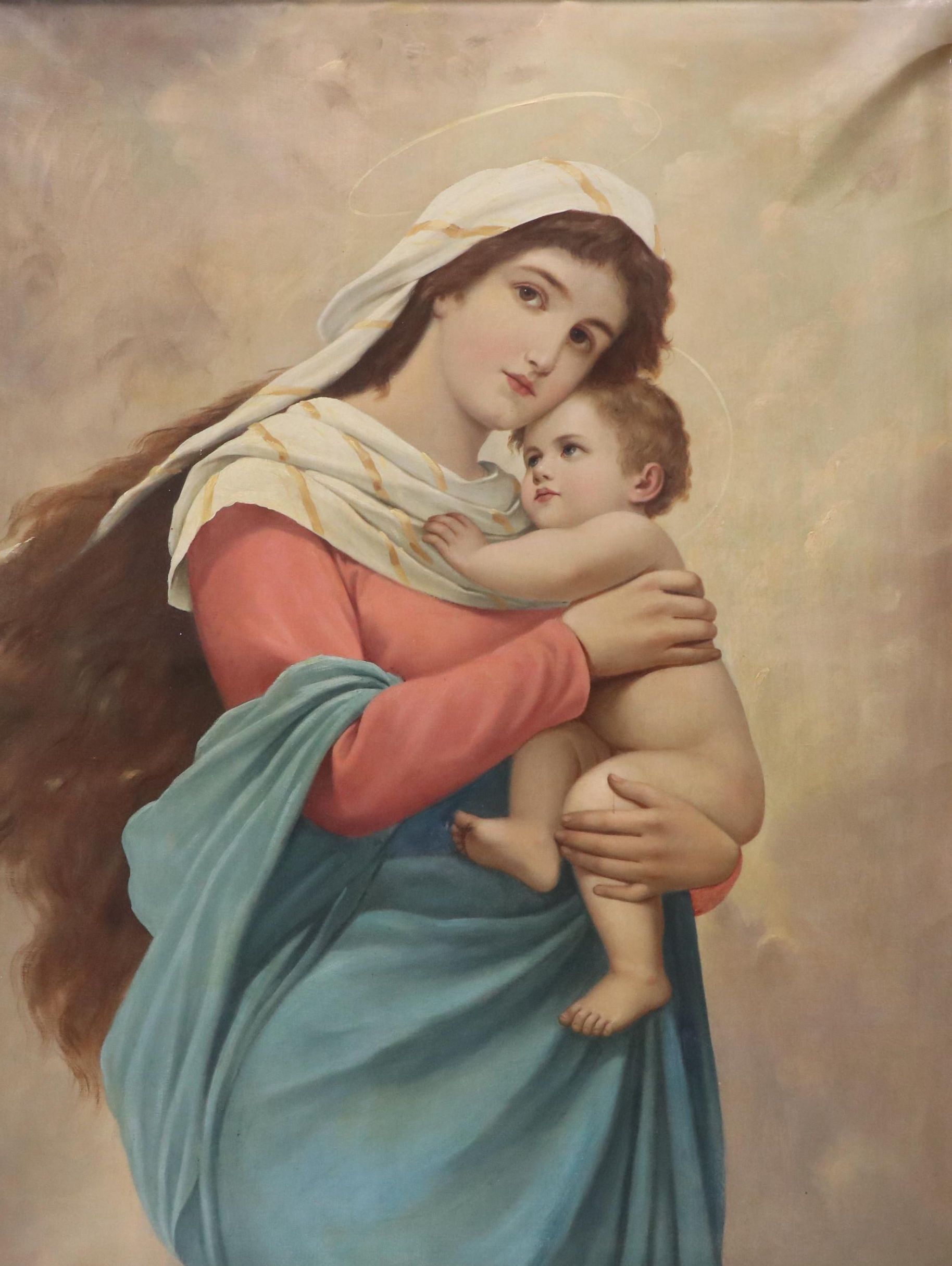 Victorian Oil Painting of Madonna and Child, Circa 1900