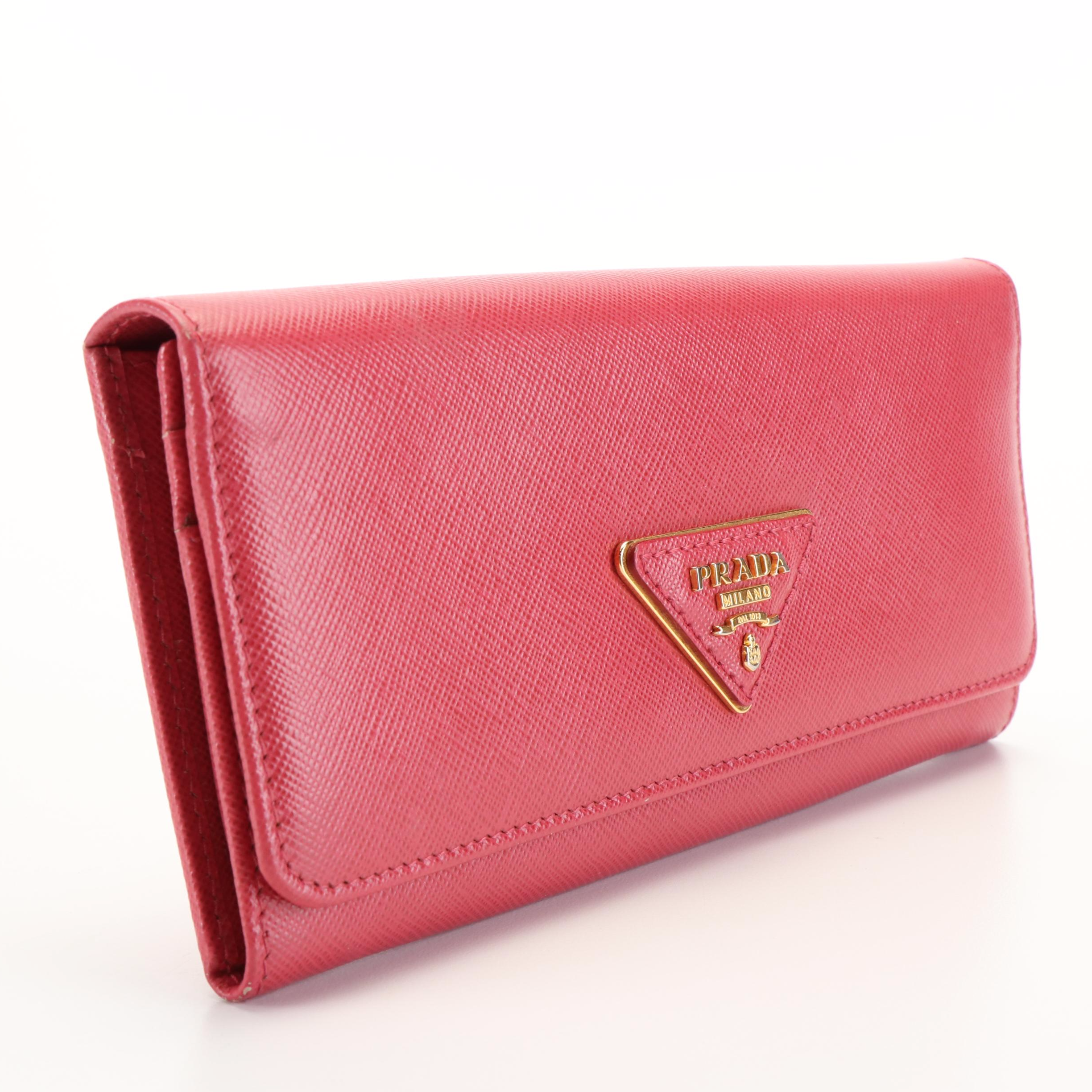 Prada Triangle Logo Peonia Saffiano Leather Continental Flap Wallet