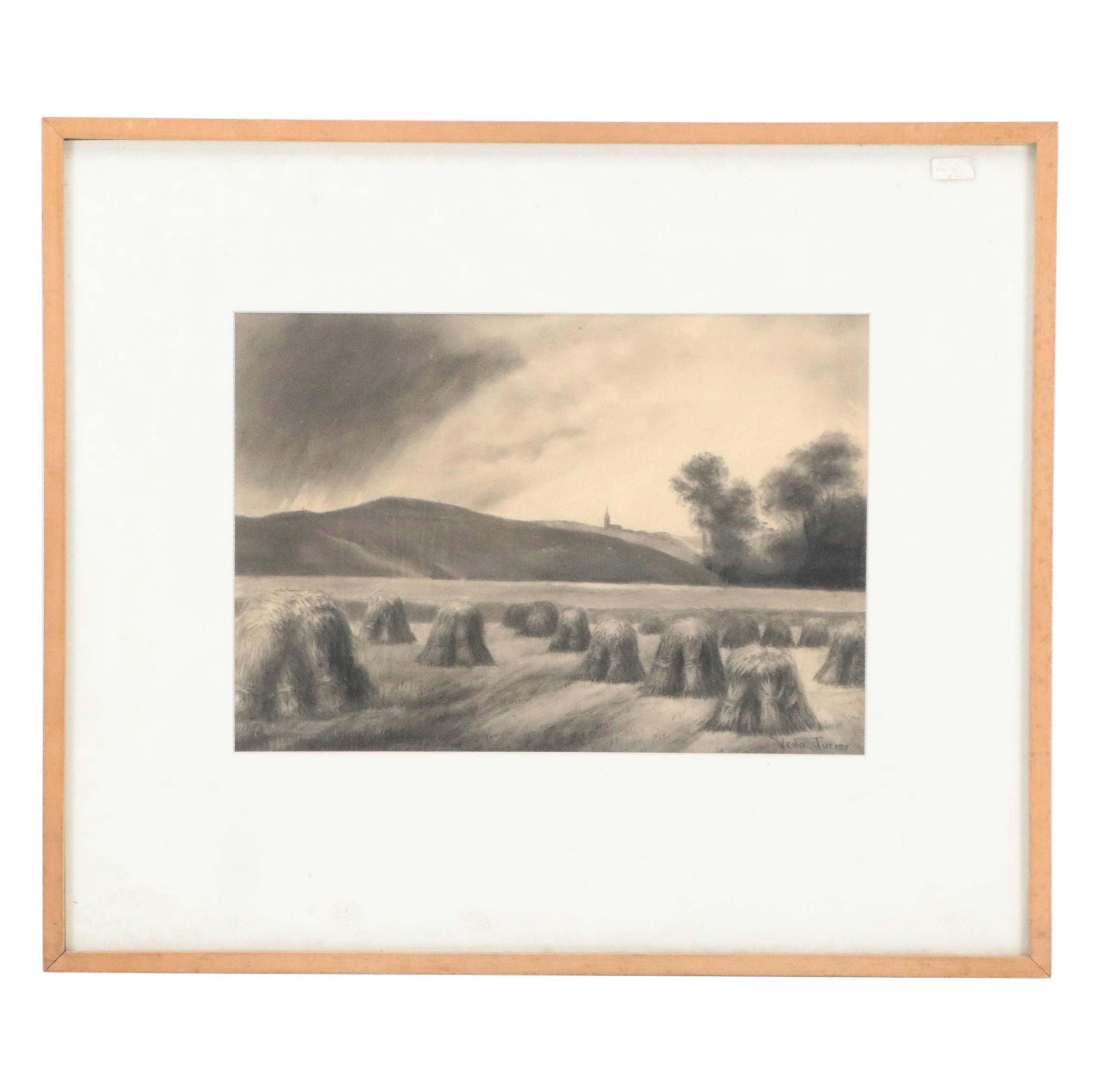 Pastoral Landscape Charcoal Drawing of Hay Bales in Field