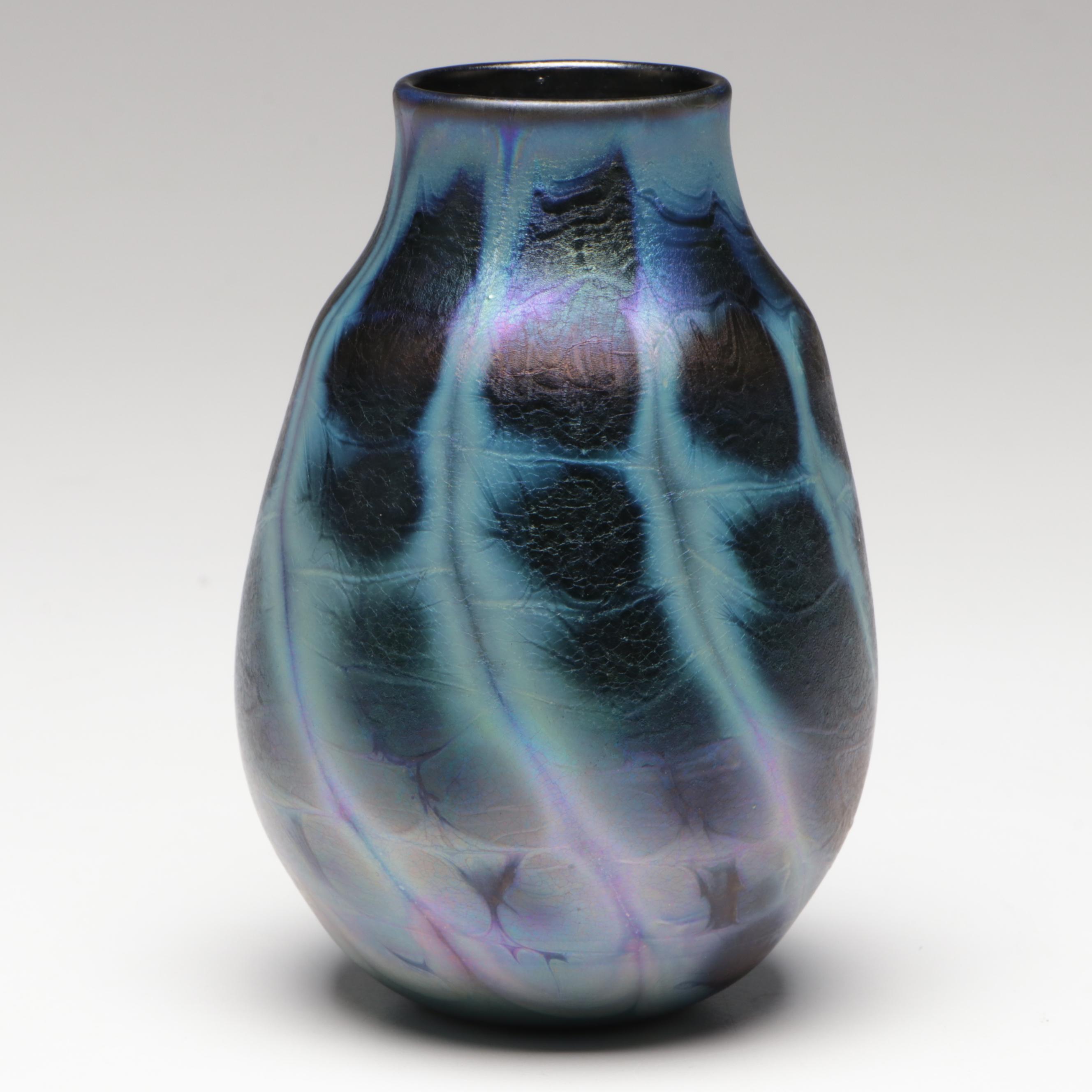 Charles Lotton Handblown Iridescent Studio Art Glass Vase, 1999